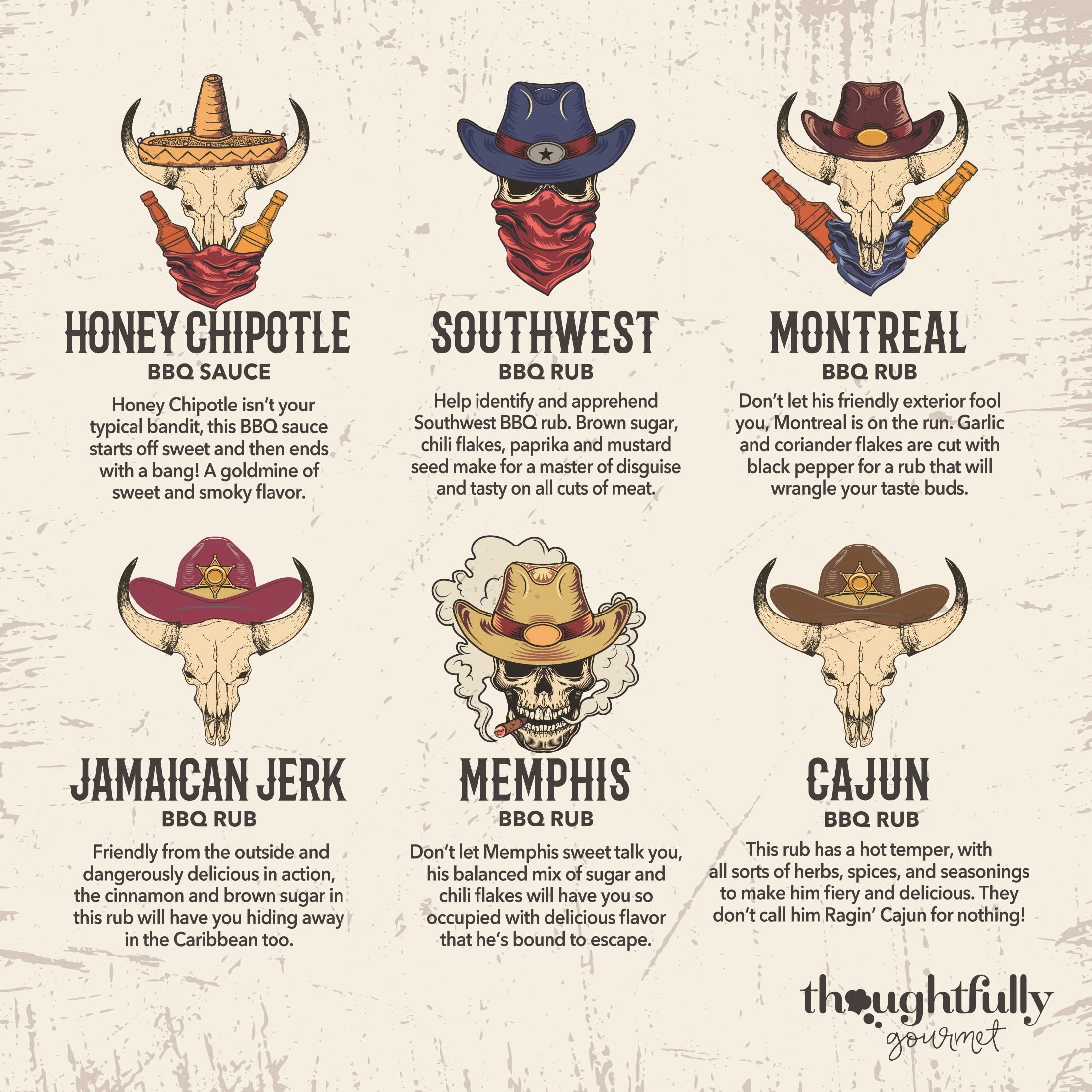 Thoughtfully Thoughtfully Gourmet, Wild Western-Themed BBQ Sauce and Rubs Book Gift Set, Includes Honey BBQ, Montreal BBQ Rub & More, Great Gift for Men, Set of 12