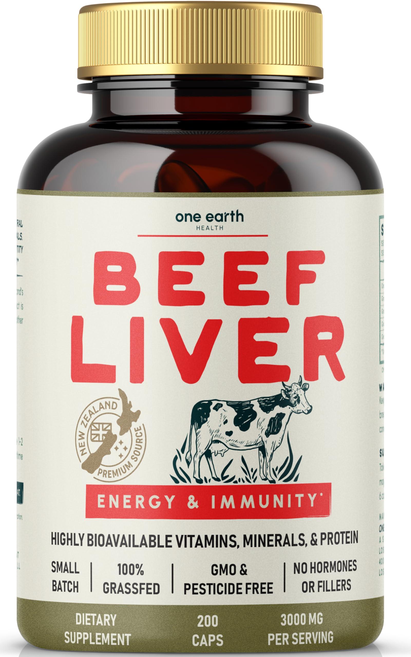 One Earth Health One Earth Health Beef Liver Capsules. 100% Grass Fed New Zealand Beef Liver. Pasture Raised. GMO and Filler Free. 200 Capsules (3,000mg Serving)