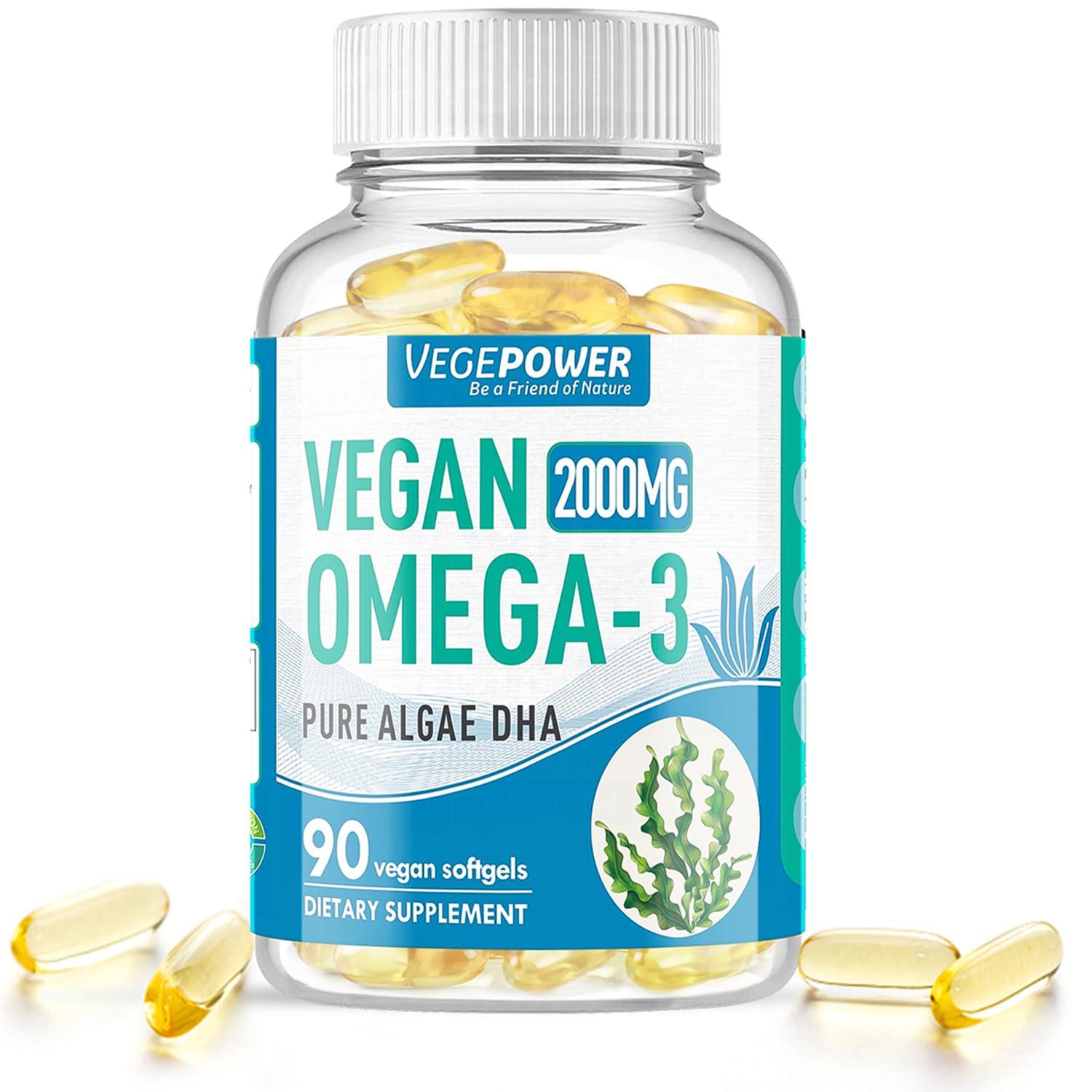 VEGEPOWER Vegan Omega-3 Algae DHA Supplements - 2000mg Algae Oil, Plant-Based Prenatal Algal DHA, 90 Carrageenan Free Softgels -Sustainable Fish Oil Alternative Supports Brain, Heart, Eyes, Joint Health