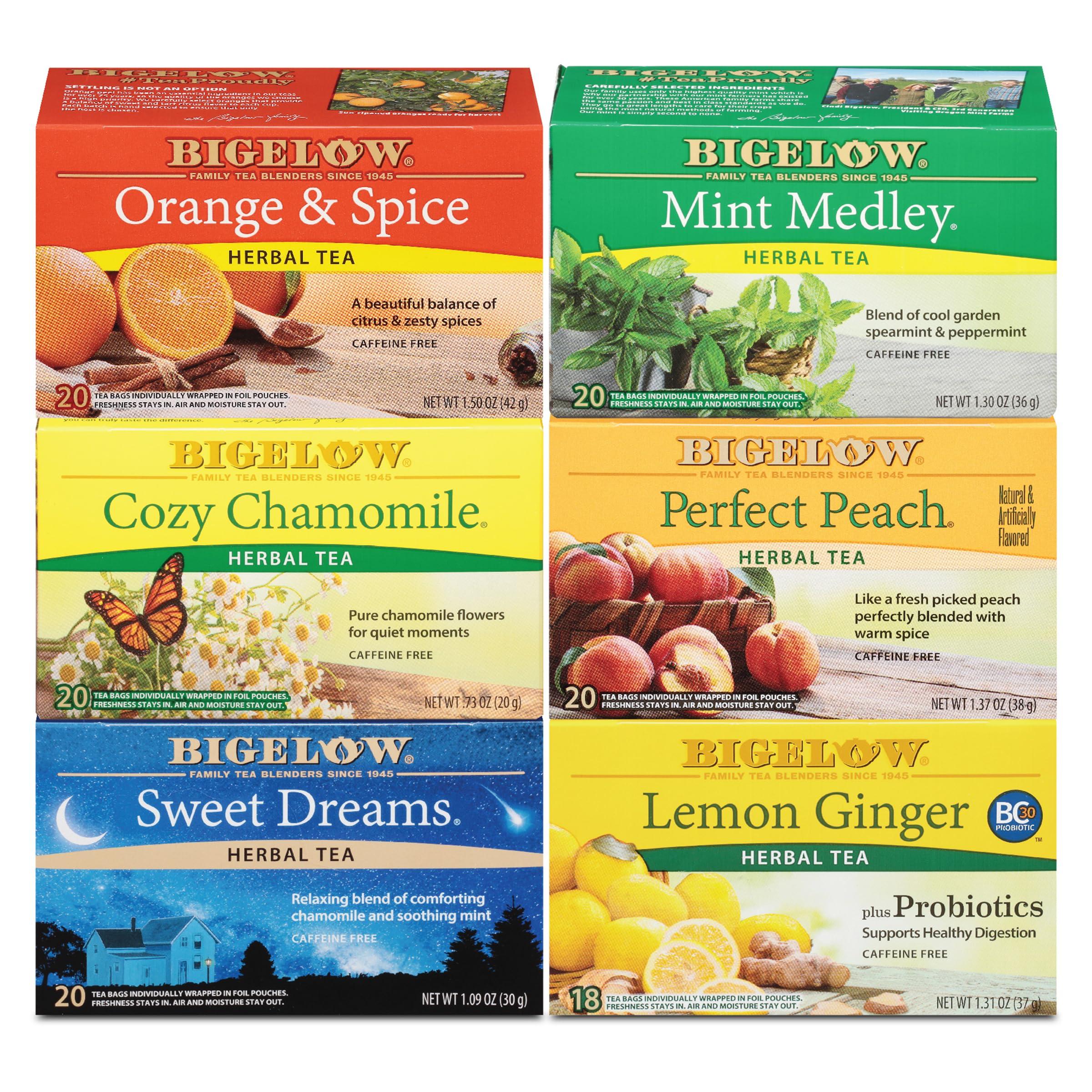 Bigelow Bigelow Tea Caffeine Free 6 Flavor Herbal Tea Variety Pack, Decaf Tea with Mint Medley, Cozy Chamomile, Orange and Spice, Sweet Dreams, Perfect Peach, and Lemon Ginger, (Pack of 6), 118 Total Tea Bags