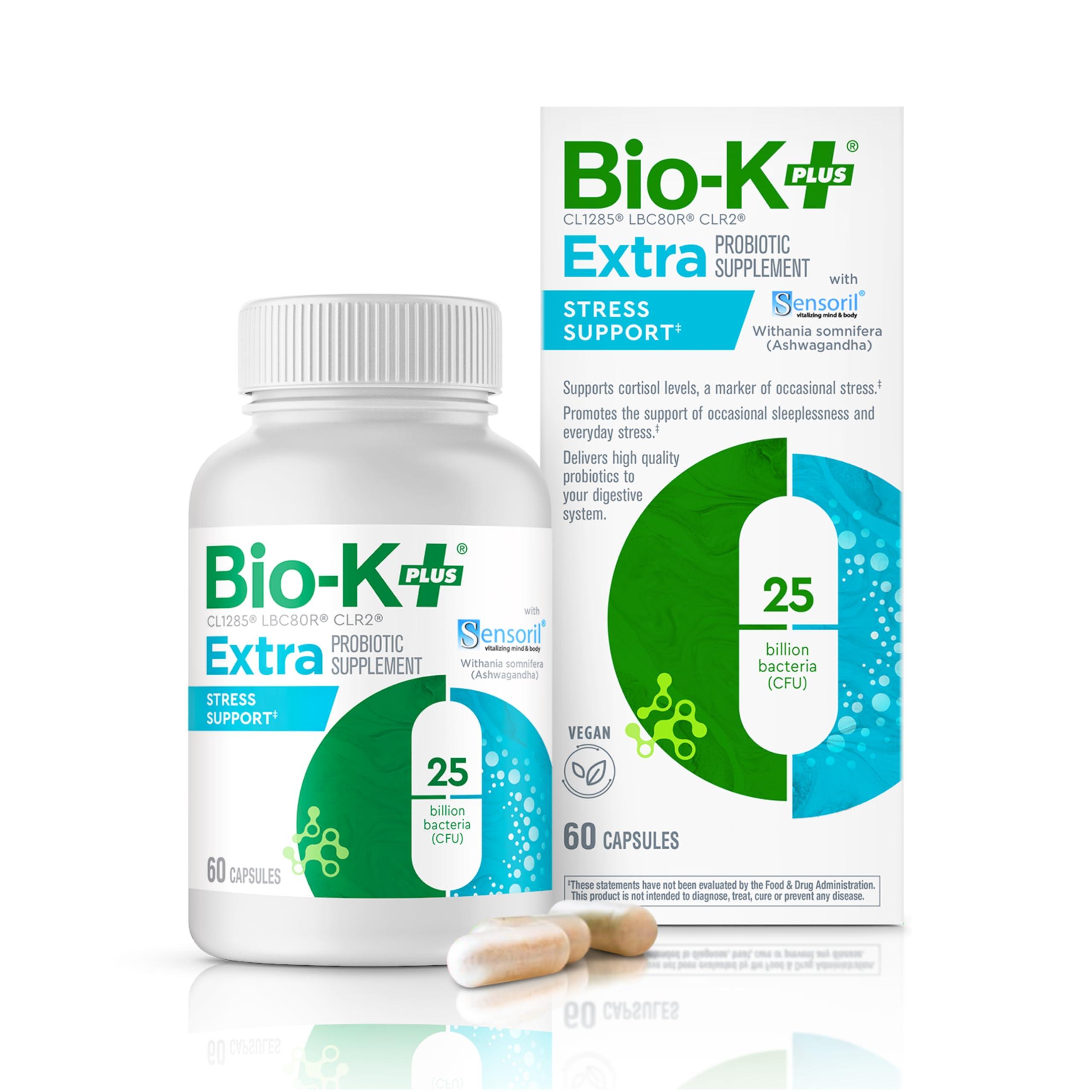 Bio-K Plus Bio K+ Extra Stress Support with Sensoril - Ashwagandha  Vegan Probiotics Supplement for Everyday Stress, Relieving Sleeplessness - 25 Billion CFU 3 Strains  60 Capsules