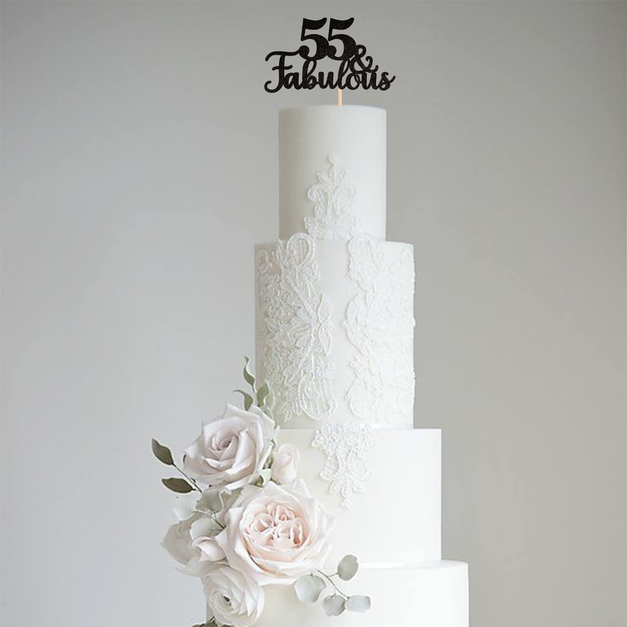 ZHUOWEISM 1 PCS 55 & Fabulous Cake Topper Glitter Fifty Five and Fabulous Cake Toppers Happy 55th Birthday Cake Pick for 55th Wedding Anniversary Birthday Party Cake Decorations Supplies Black