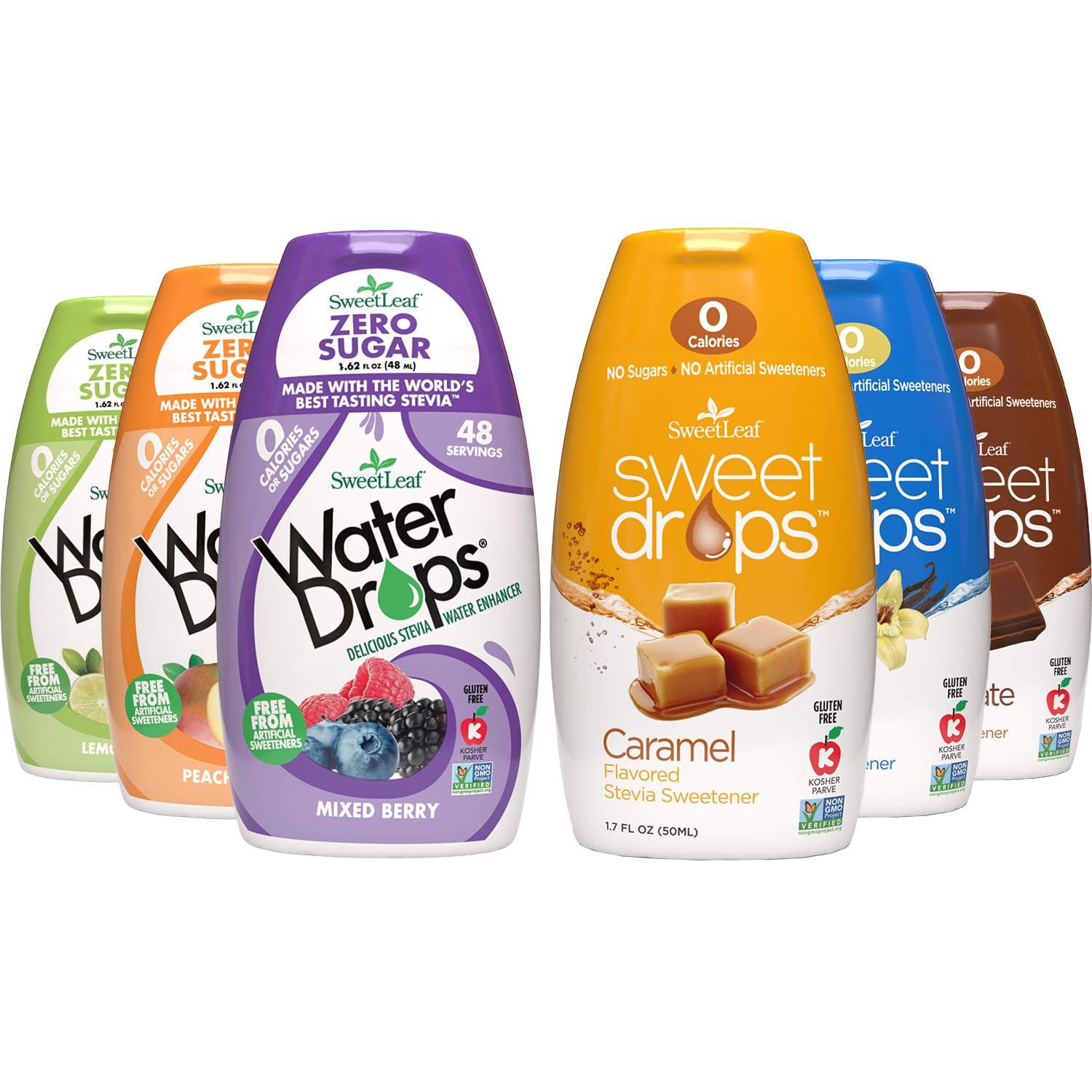 SweetLeaf SweetLeaf Stevia Liquid Variety 6-Pack Caramel, Chocolate, Vanilla Sweet Drops, 1.7 Oz Ea + Peach Mango, Lemon Lime & Mixed Berry Water Drops, 1.62 Oz Ea