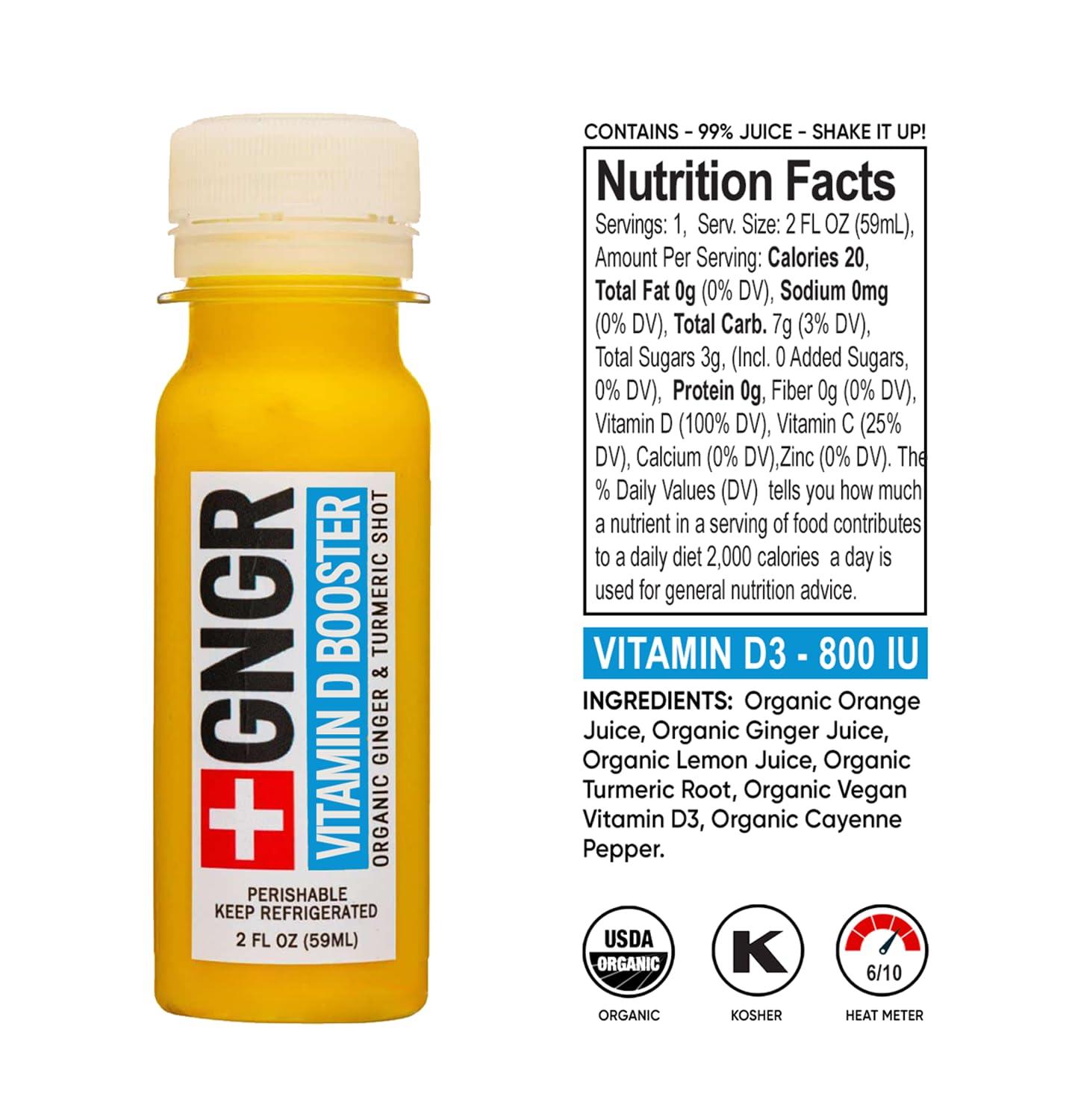 +GNGR +GNGR Vitamin D Immunity Booster Cold-Pressed Ginger Shot with Turmeric, Vitamin D3, Cayenne, Immunity Shot with Peruvian Ginger Juice, for All Natural Immune & Digestive Support (2 fl oz - 12 pack)