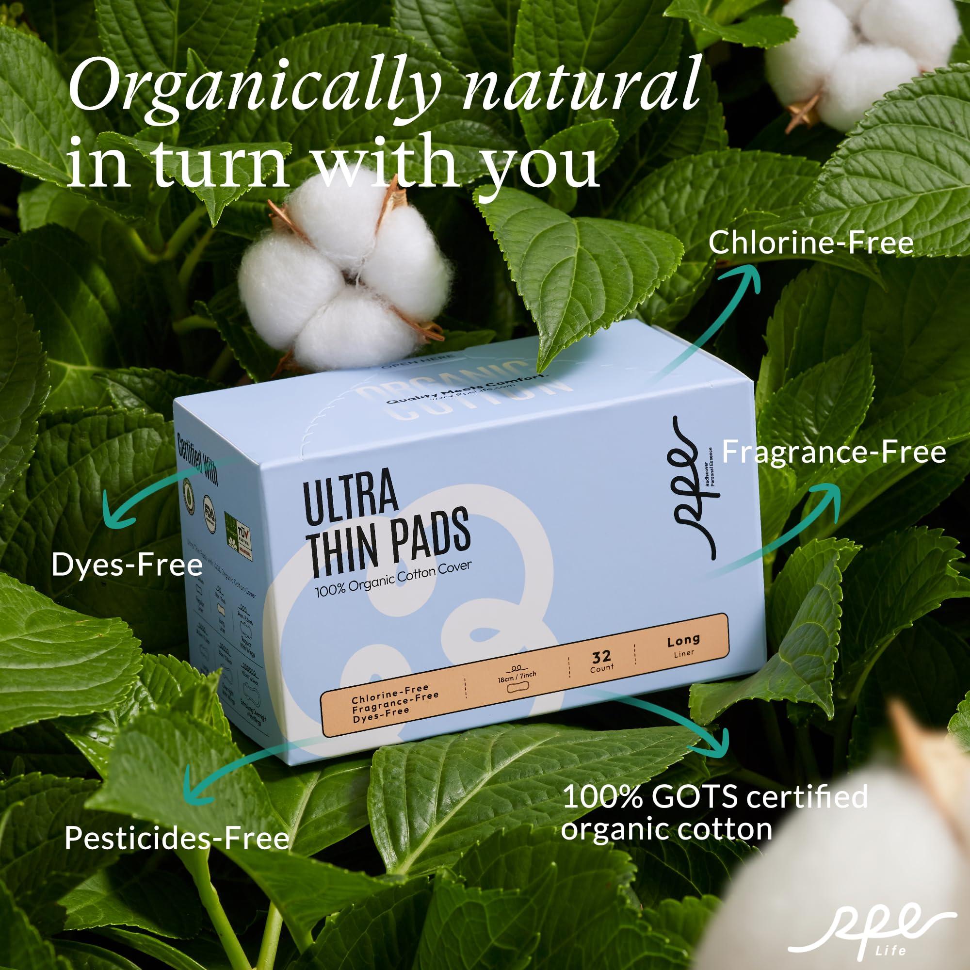 RPE Life 100% Organic Long Panty Liners for Women Long, Ultra Thin Cotton Cover, Long Pantiliners, Light Absorbency, Unscented Barely There Pantie Liners, Individually Wrapped (Long Liner, Size 2, 96ct)