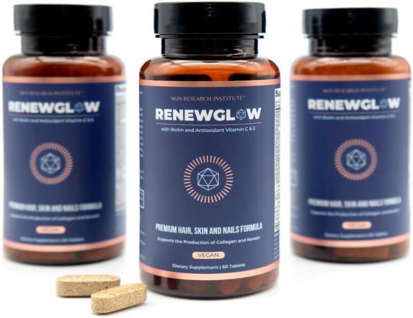 Skin Research Institute Renewglow Hair Supplement, Proven to Promote Healthy Hair Growth Supports Thicker, Fuller Hair and Healthier Skin, Ages 35 and Up