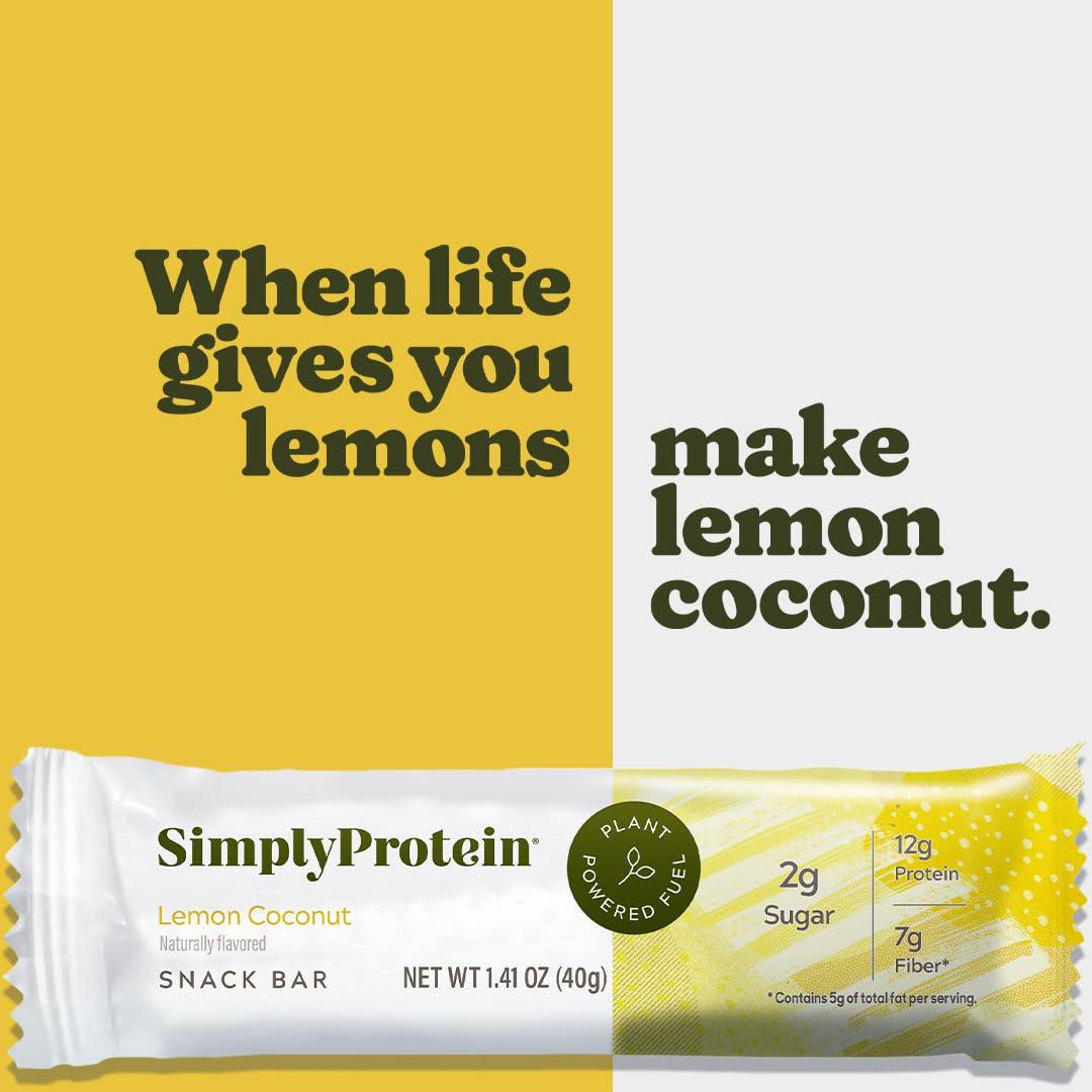 Simply Protein Simply Protein - Lemon Coconut Crispy Bars - Plant Based Protein Bars - Low Carb, Low Sugar, High Fiber - 12g Protein, 2g Sugar, 7g Fiber - Vegan, Gluten Free, Non GMO, Kosher - 24 Bars