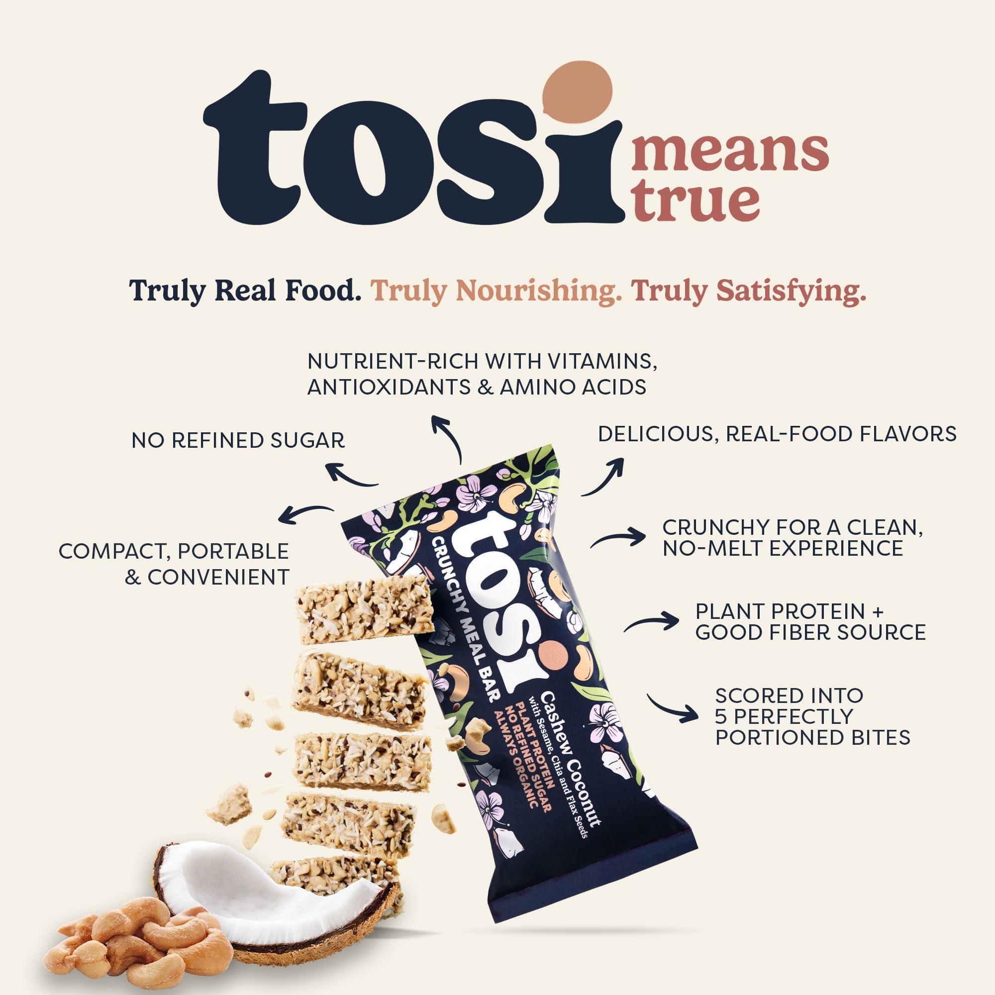 Tosi Tosi Cashew Coconut Protein Bars, Plant Based with Nuts, Gluten-Free Crunchy Snacks, Vegan, Organic, Flax & Chia Seeds, Soy-Free, Omega 3s, 14G Protein, 2.4 oz, 12-Pack