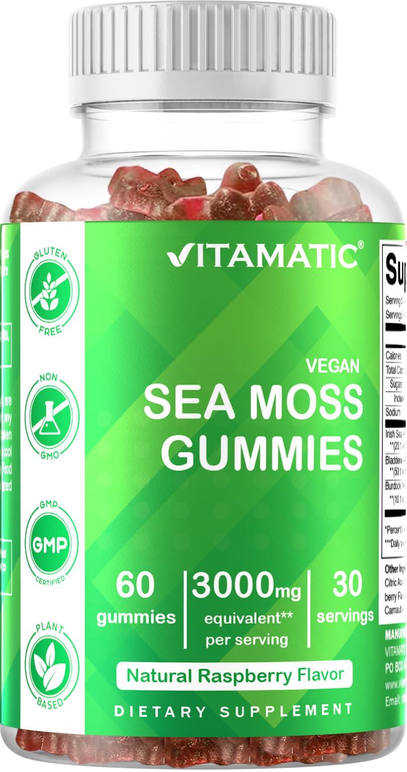 Vitamatic Vitamatic 2 Pack Irish Sea Moss Gummies- 3000mg Equivalent Per Serving (from Extract 132.5 mg) - 60 Ct - Made with Bladderwrack & Burdock Root - Seamoss Supplement for Thyroid, Energy, Immune Support