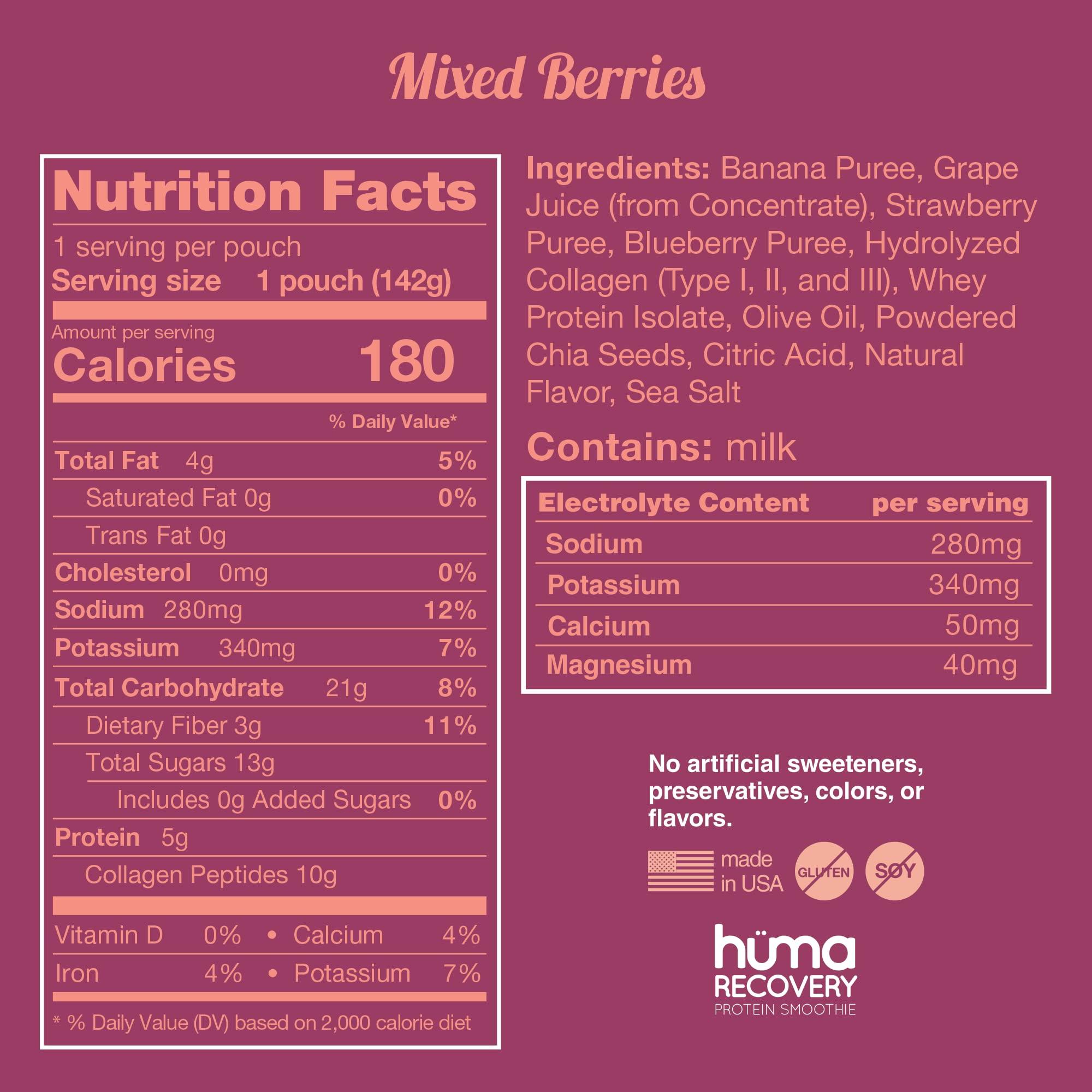 HÜMA CHIA ENERGY GEL Huma Recovery Protein Smoothie, 20 Pouches – 15g Collagen + Whey Post Workout Recovery Drink – Ready-to-Drink Protein Shake with Real Fruit, Electrolytes, Healthy Fats