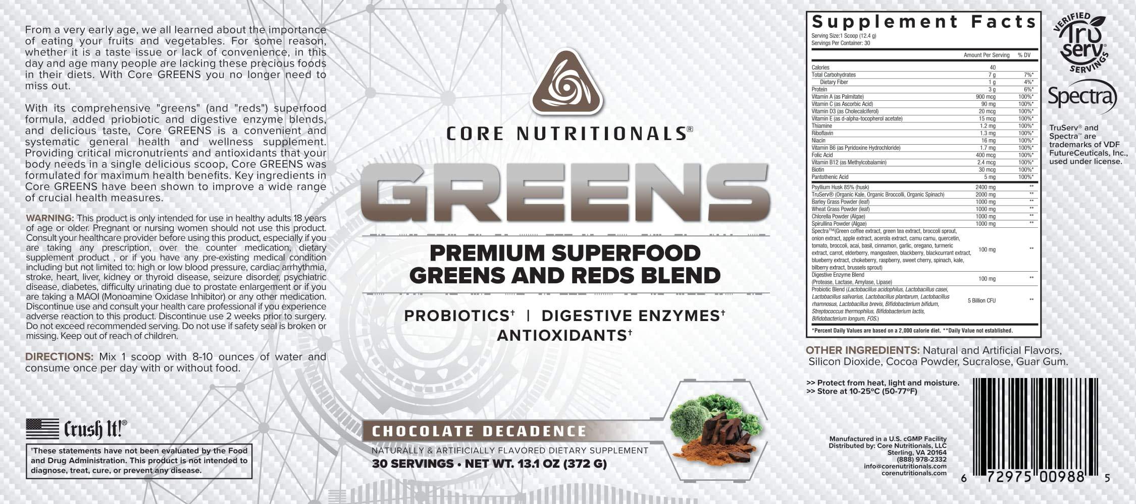 Core Nutritionals Core Nutritionals Greens Platinum Premium Superfood Greens and Reds Blend, Supports Digestion and Gut Health, 5 Billion CFU Probiotic,30 Servings (Chocolate)
