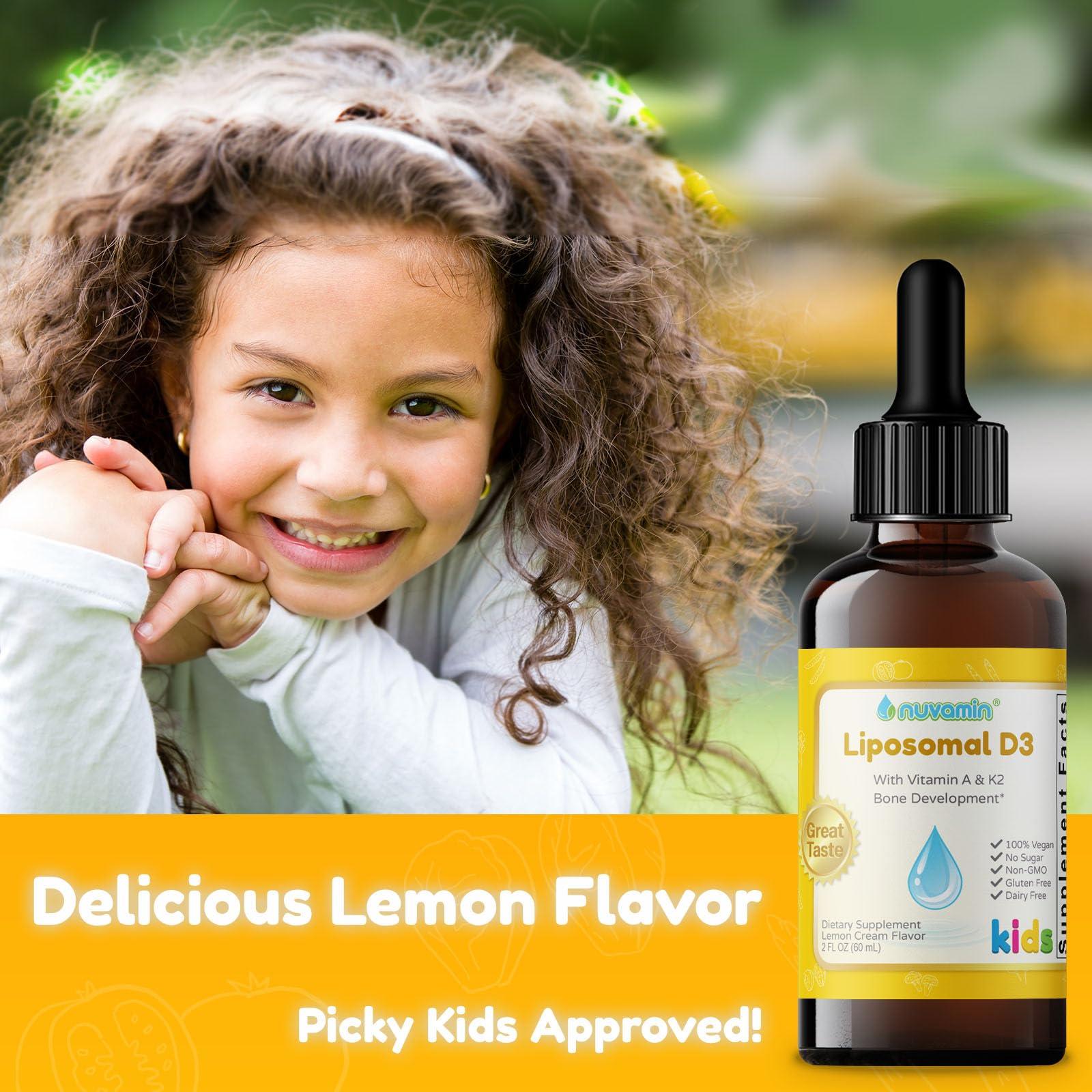 Nuvamin A New Form of Vitamin Nuvamin  Liquid Liposomal D3 Drops with Vitamin A & K2 for Baby Toddlers Kids & Adults, 800 IU/mL, 2 Fl.Oz (60ml), 120 Daily Serving, Great Taste - All Natural - Superior Absorption, Lemon Flavor