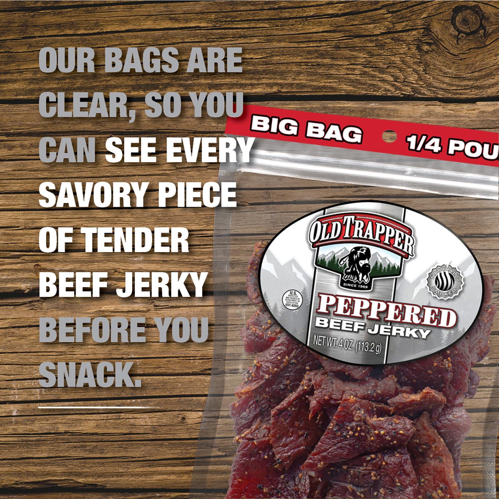 Old Trapper Old Trapper Beef Jerky, Peppered 1/4-Pound Individual Package, Spicy Meat Snacks for Lunches or Between Meals, 11 Grams of Protein, Zero Grams of Fat, 70 Calories per Serving (Pack of 8)