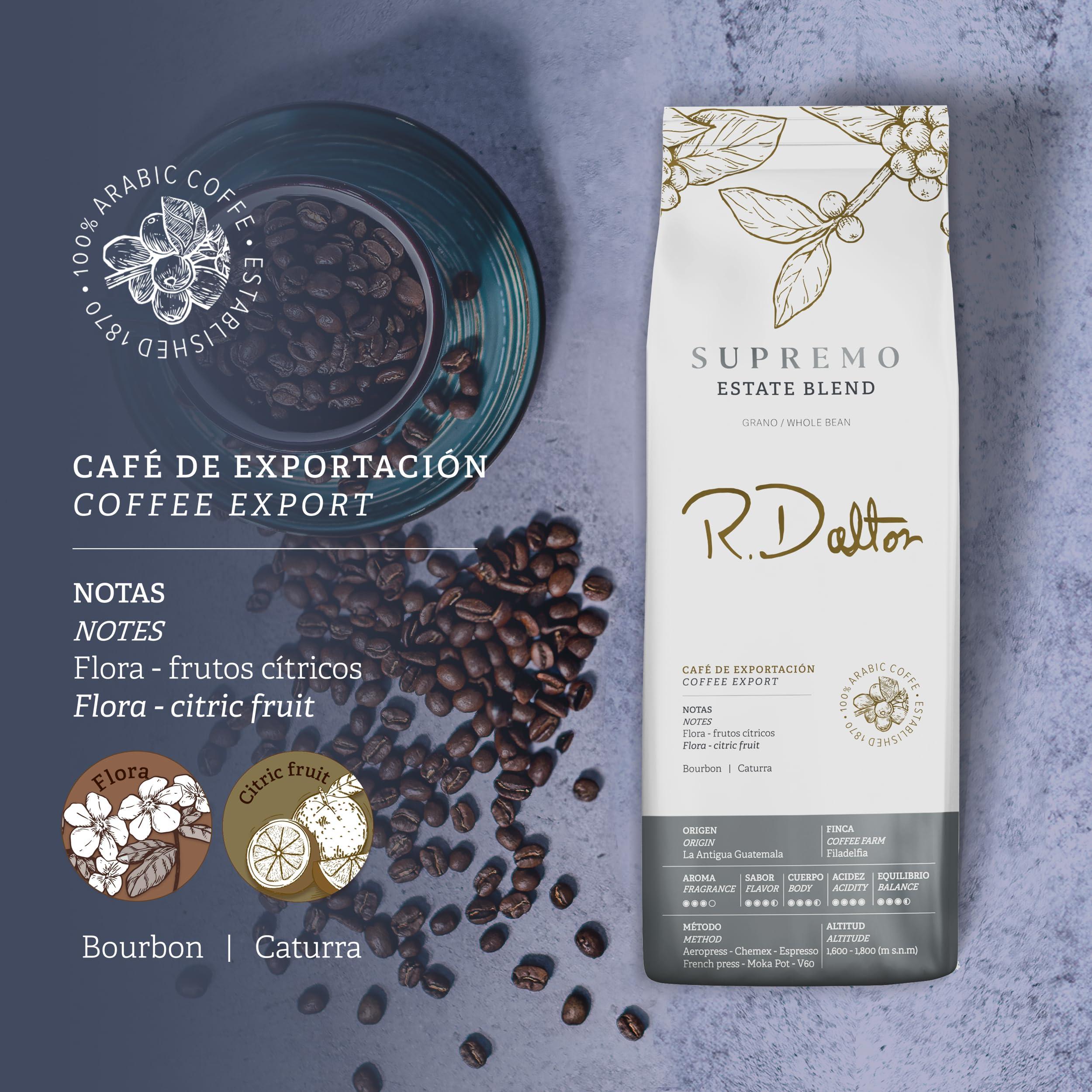 R Dalton R. Dalton Coffee Supremo Estate Blend Whole Bean Coffee - Medium Roast - Flora And Citric Fruit Notes - All Brewing Methods - Premium Quality From Antigua Guatemala 100% Arabica - 12 oz