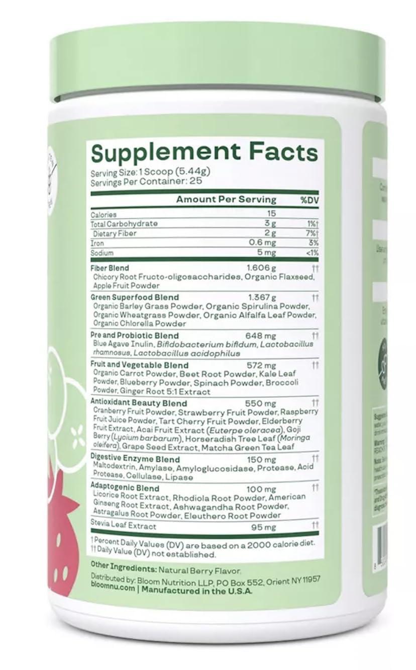 Bloom Bloom Nutrition Greens and Superfoods Powder - Berry Smoothie & Juice Mix (Pack of 1) Probiotics for Digestive Health & Bloating Relief for Women, Digestive Enzymes Superfoods Gut Health