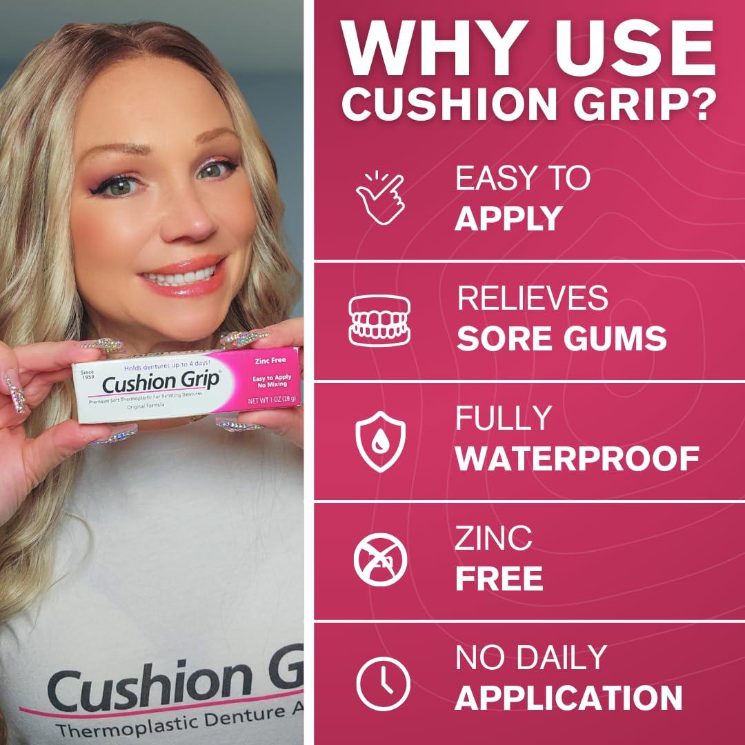 Cushion Grip Cushion Grip Thermoplastic Denture Adhesive, 1 oz - Improves Denture Fit, Comfort & Stability | Non-Glue Adhesive, Acts Like a Soft Reline (Pack of 6)