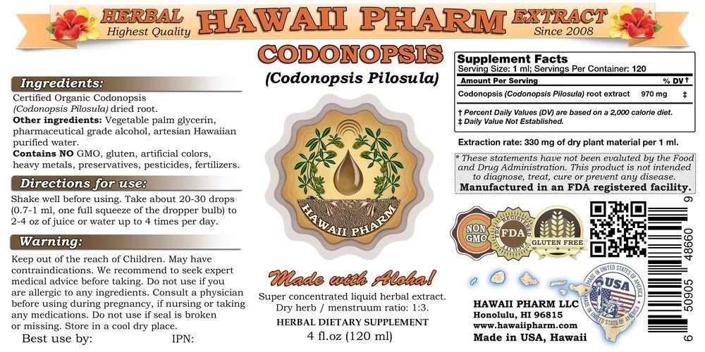 HawaiiPharm Codonopsis Liquid Extract, Organic Codonopsis (Codonopsis Pilosula) Tincture Supplement 4 oz