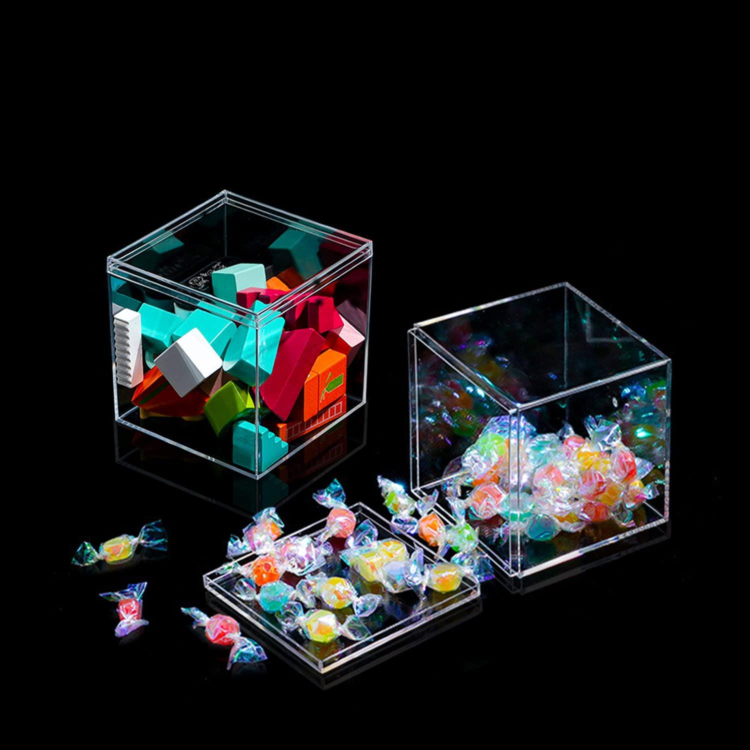 Lainrrew Clear Plastic Square Cube,15 Pack Small Acrylic Plastic Storage Box with Lids Transparent Clear Square Containers Display Boxes Gift Box with Glitter Ribbon for Candy Pill Jewelry Christmas (1.8 Inche