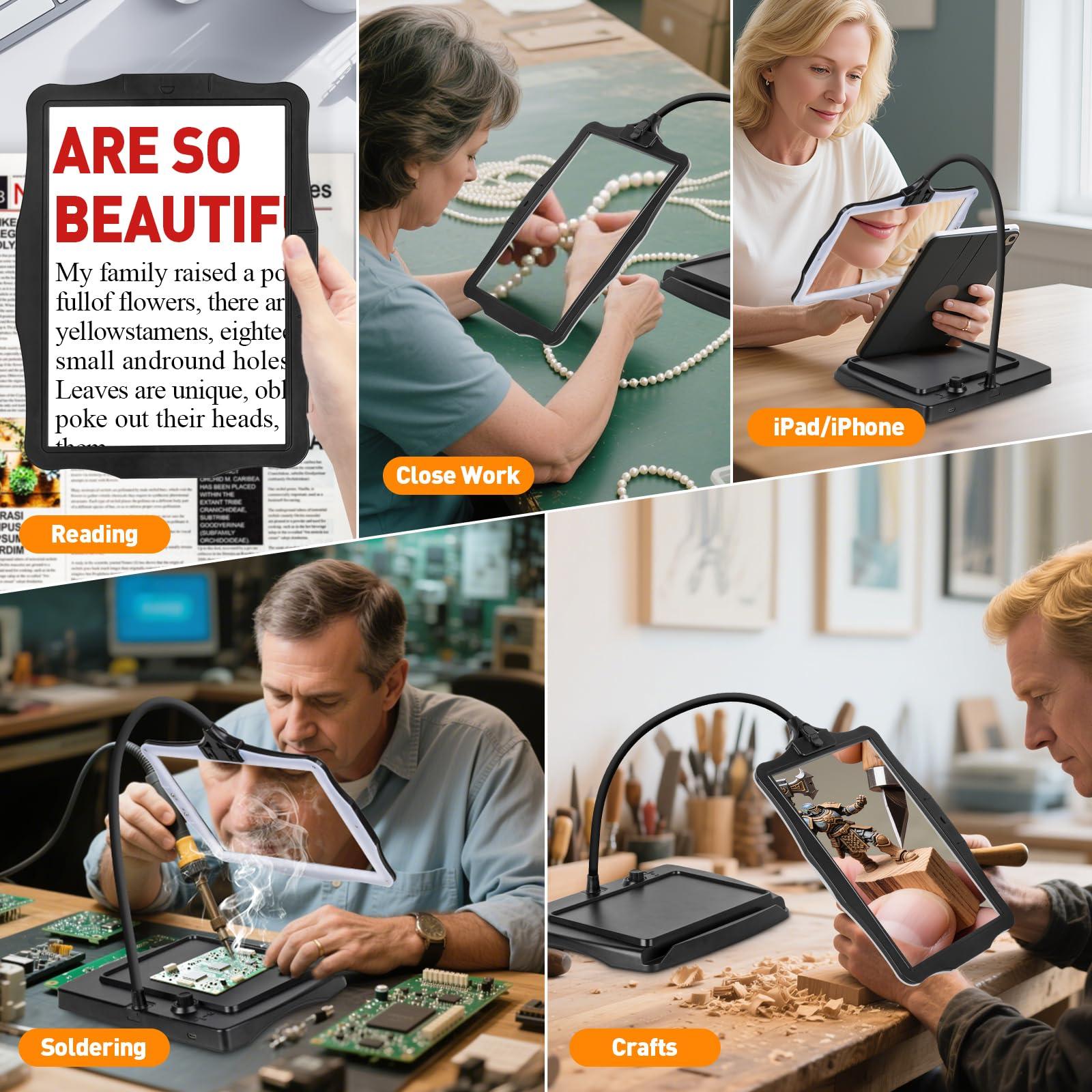 NUEYiO 10X Rechargeable Full Page Magnifier for Reading, NUEYiO 10.6*7.8\" Large Handheld Magnifying Glass with Light and Stand, 50 LED Lights & 3-IN-1 Gooseneck Magnifying Lamp for Seniors Close Work Craft