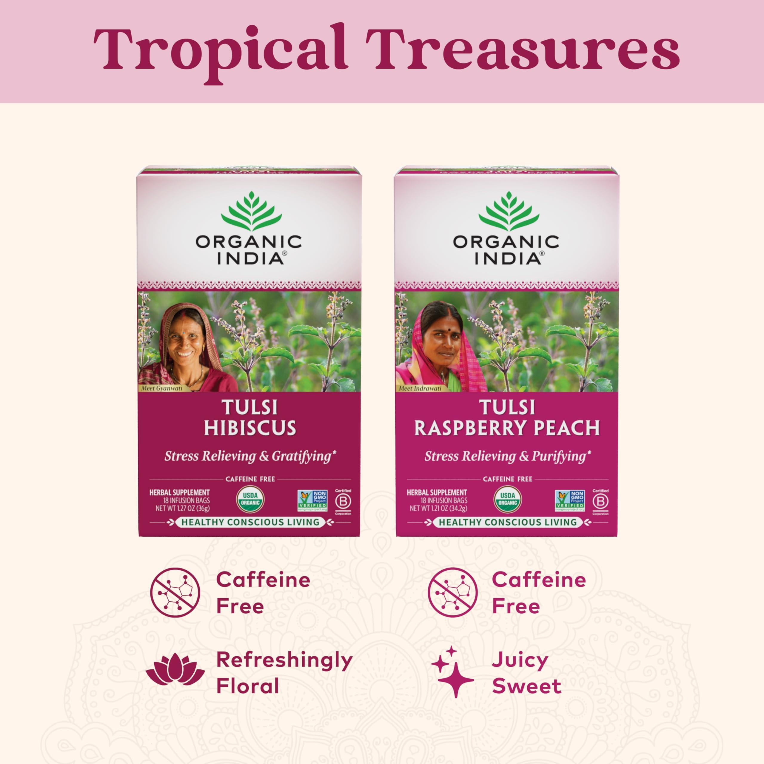 ORGANIC INDIA ORGANIC INDIA Tulsi Hibiscus Tea Bags - Holy Basil Herbal Tea, Stress Relieving, Immune Support, Adaptogen, USDA Certified Organic, Non-GMO, Calming, Caffeine-Free - 18 Infusion Bags, 1 Pack