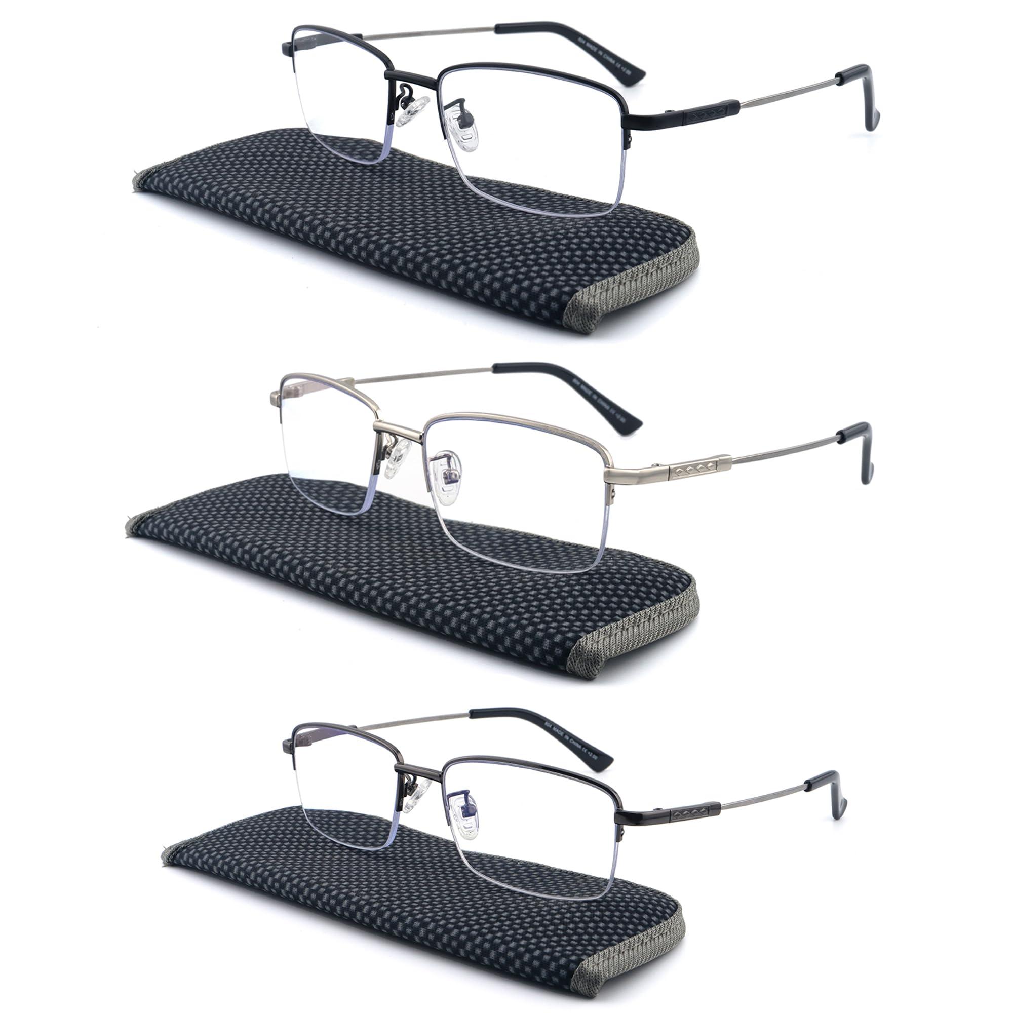 FEIVSN FEIVSN Progressive Multifocus Reading Glasses Blue Light Blocking, Multifocal Readers for Men Women Trifocal Lightweight Eyewear Half Metal Frame Titanium Alloy (3 Pack: Black+Gun+Silver, 1.50)