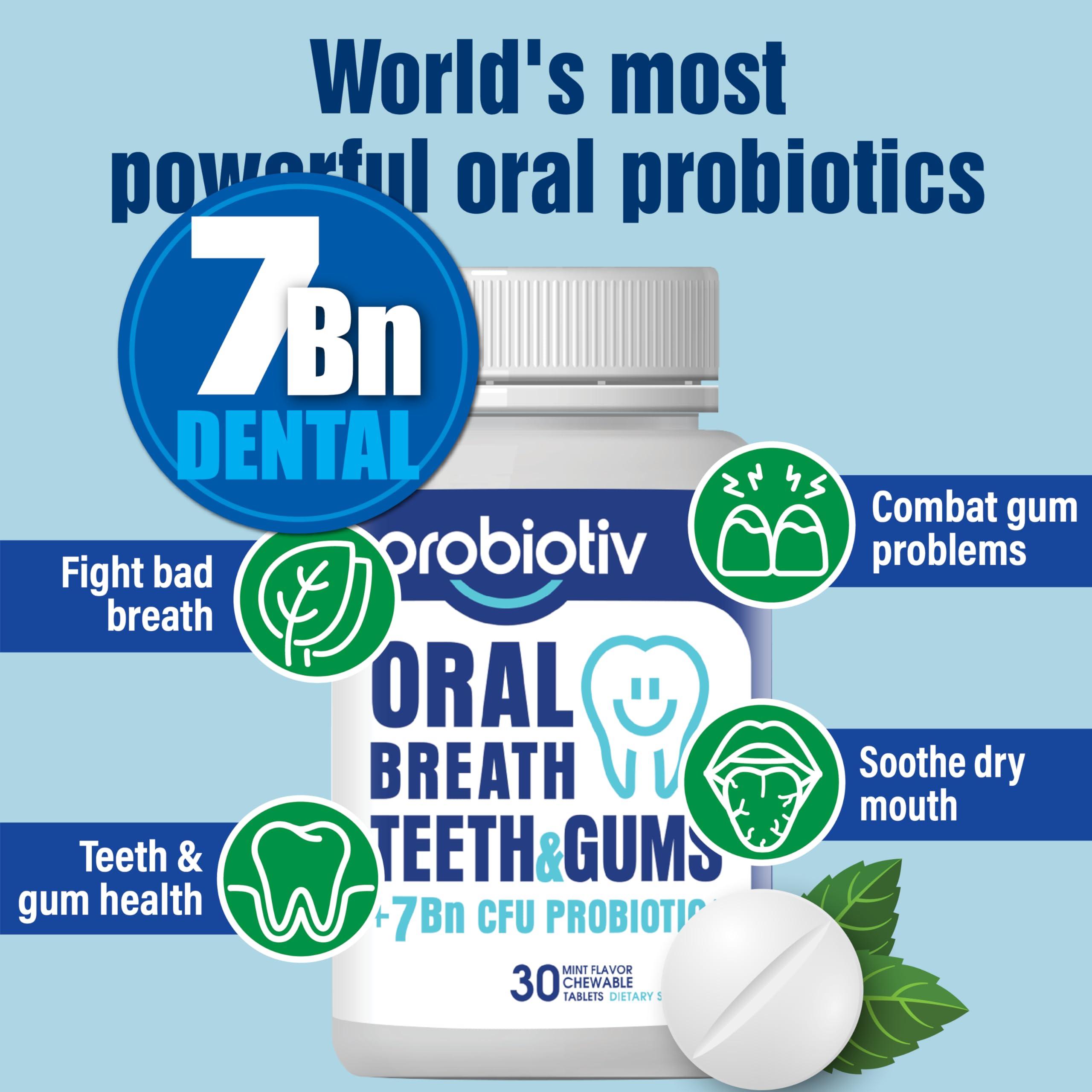 Probiotiv Probiotiv Oral Probiotics for Mouth Bad Breath 7 Billion CFU - Chewable Dental Probiotics for Teeth and Gums, Fresh Breath Freshener, Combats Dry Mouth, Halitosis, Tonsil Stone & Gingivitis Treatment
