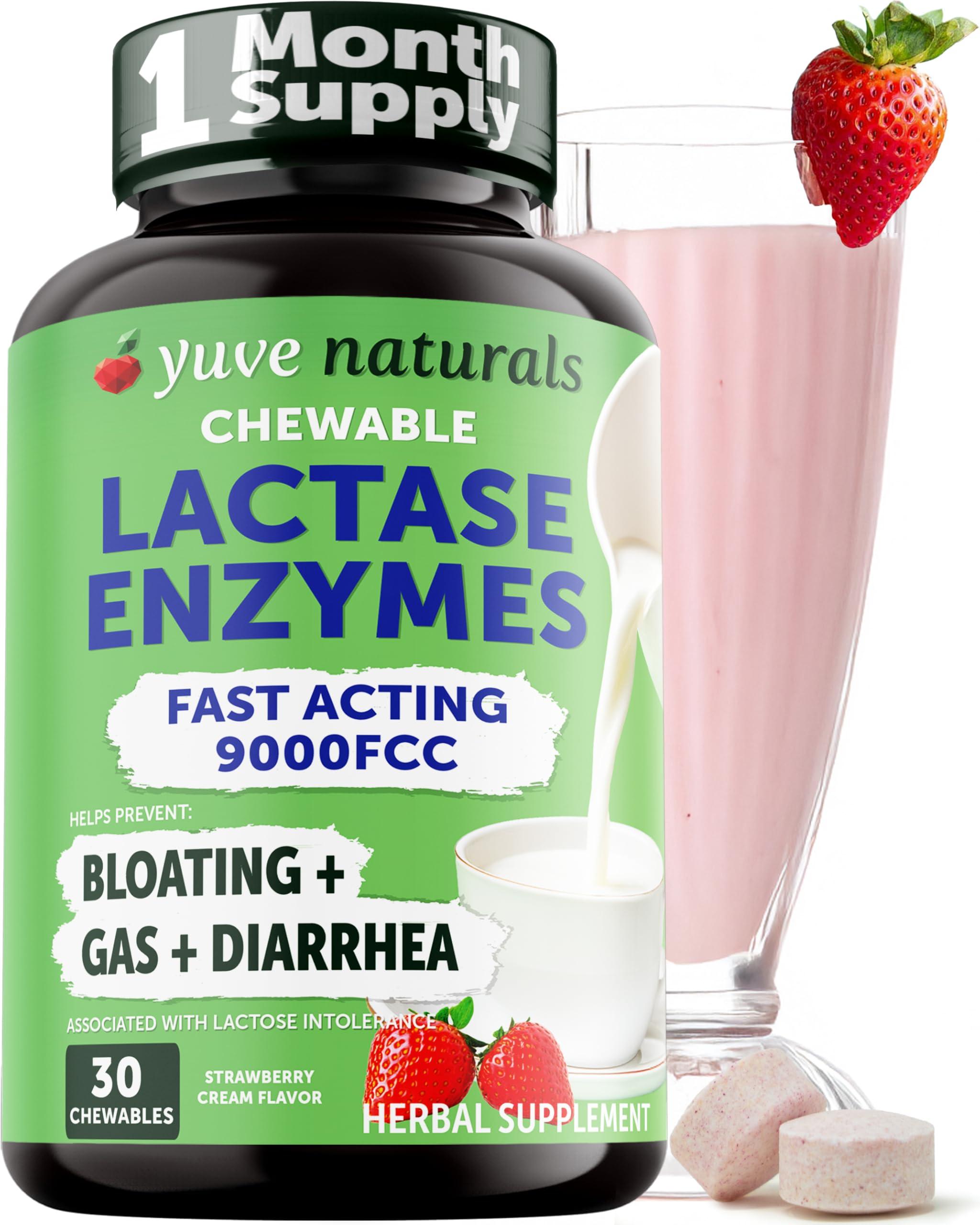 Yuve Fast Acting Dairy Relief Chewables - Natural Lactase Enzyme 9000 FCC - Say Goodbye to Dairy Discomfort - Dairy Pills for Lactose Intolerance Pills Chewable - Delicious Strawberry Cream Flavor - 30ct
