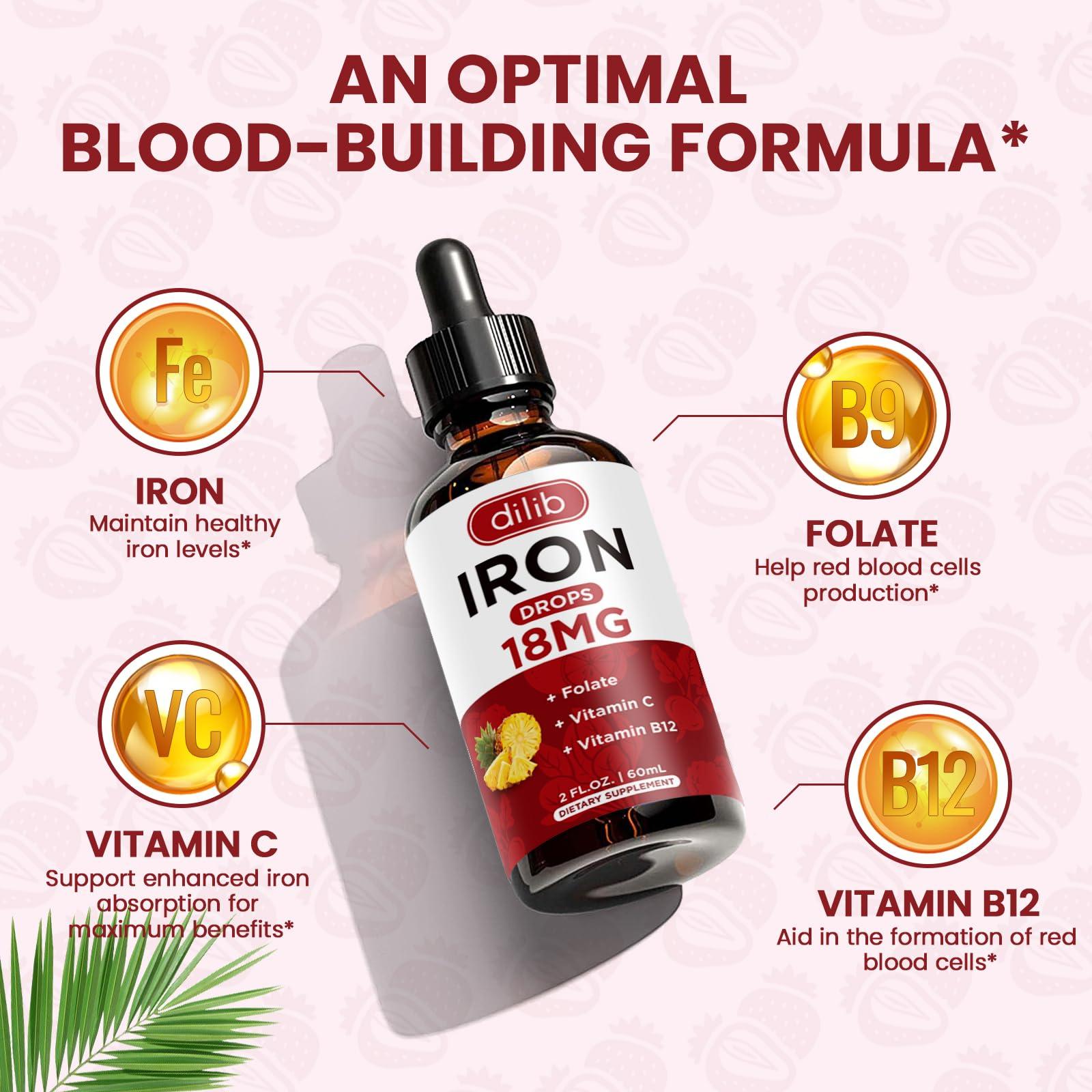 dilib Liquid Iron Supplement for Women & Men Iron Drops Iron Supplements for Anemia with Folate, Vitamin C, B12 for Red Blood Cell Support-Pineapple Flavor, 2 Fl Oz