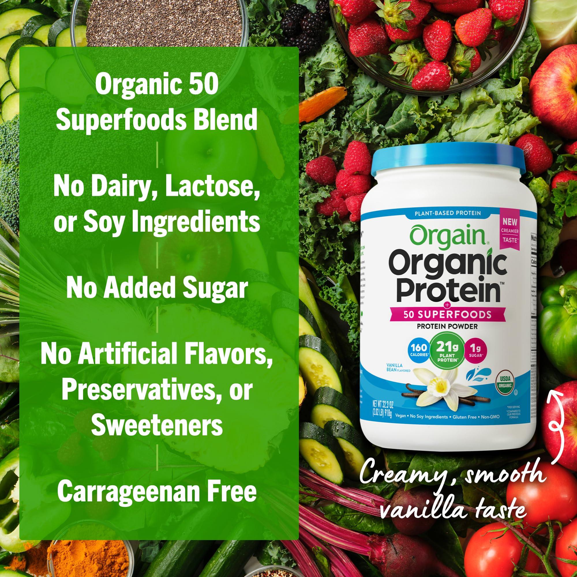 Orgain Orgain Organic Vegan Protein + 50 Superfoods Powder, Vanilla Bean - 21g Plant Based Protein, 8g Prebiotic Fiber, No Lactose Ingredients, Gluten Free, Non-GMO, 2.02 lb (Packaging May Vary)