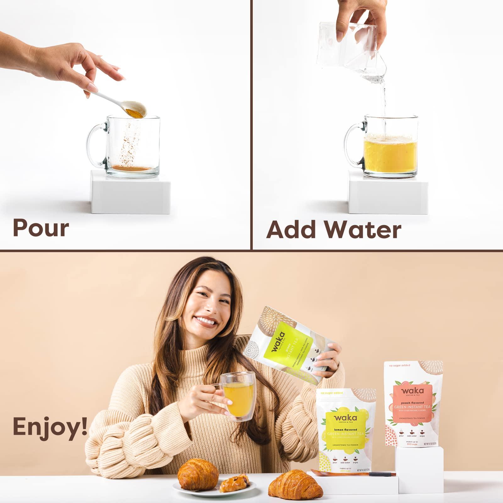 Waka Coffee Waka Instant Tea Mix, 3 Bag Bundle - 100% Tea Leaves, No Additives, Unsweetened Tea Powders - Classic, Lemon Flavored, Peach Flavored Green (4.5oz Each)