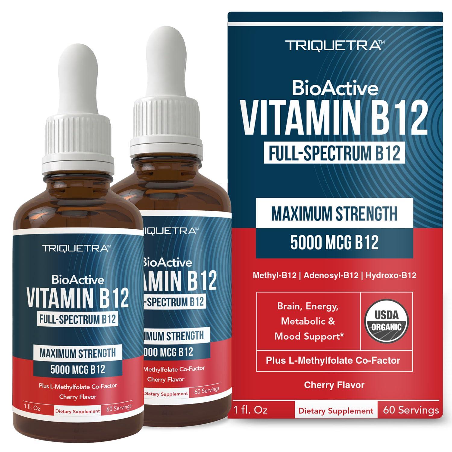 Triquetra Health Organic Vitamin B12 - 5000 mcg, 3 BioActive B12 Forms: Methyl B12, Adenosyl B12 & Hydroxy B12 - Plus L-Methylfolate Cofactor | Sublingual Form, Cherry Flavor, Vegan, Non-GMO (120 Servings - 2 Pack)