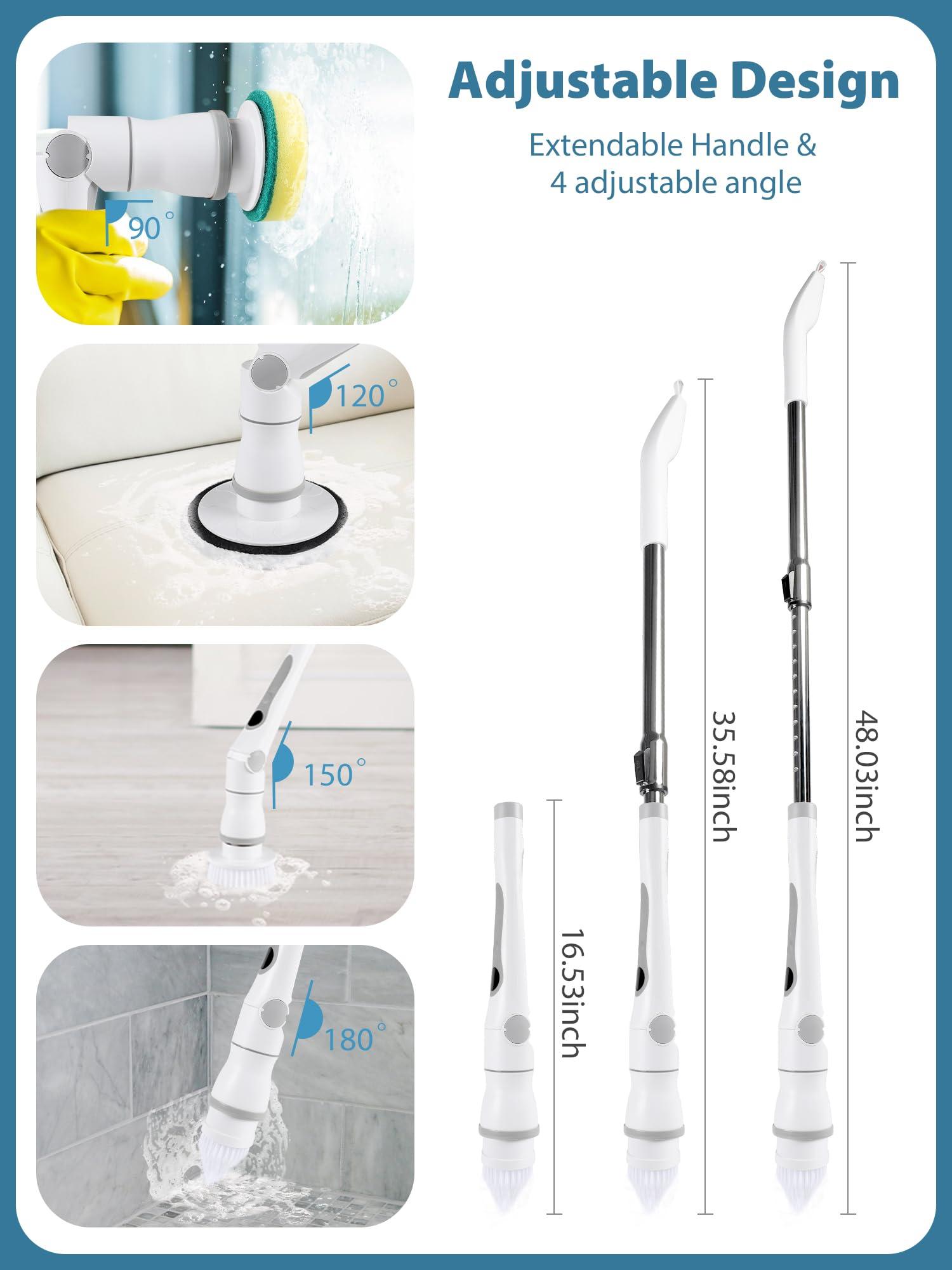 CONERX CONERX Cordless Cleaning Brush with 8 Replaceable Brush Heads, for Bathroom Floor Tile Window 3 Adjustable Speeds Adjustable Extension Handle