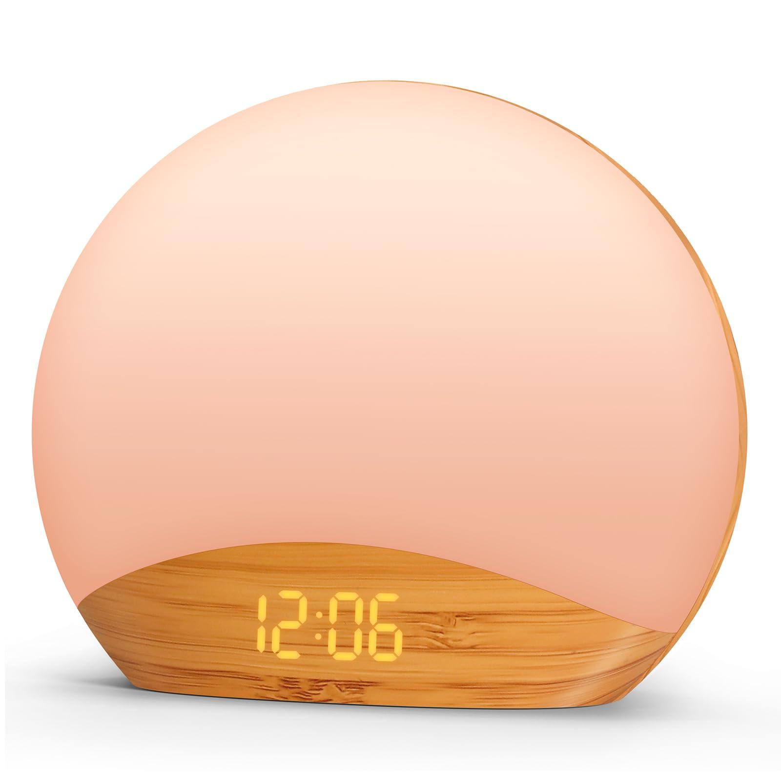 REACHER REACHER Wood Grain Sunrise Alarm Clock and Sound Machine Nightlight, Digital Dimmable Clock for Bedroom, 26 Sleep Sounds, White Noise Machine for Baby, Adults, Wake Up Light Alarm Clock for Kids