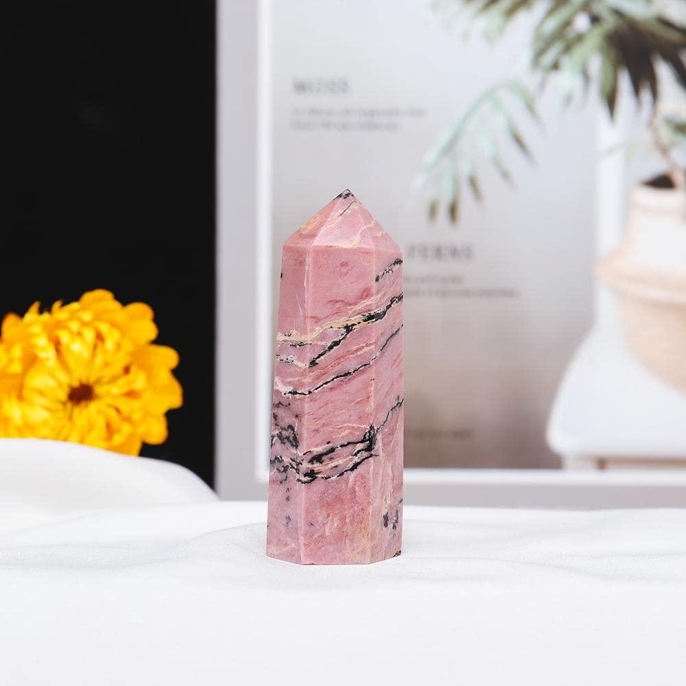 Apengshi Apengshi Rhodonite Natural Healing Crystal Tower 1.96-2.36\" 6 Faceted Single Point Chakra Crystal Stone Meditation Home Decor Collection Gift