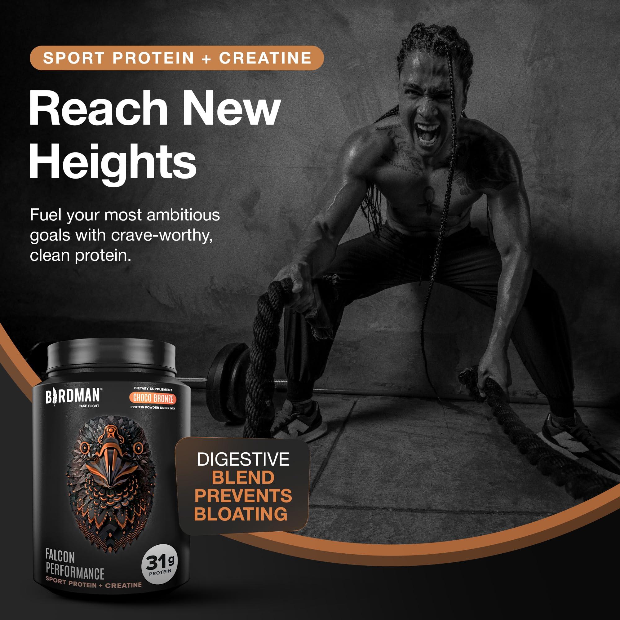 BIRDMAN Birdman Falcon Performance Vegan Protein Powder, 31g Protein, 5g Creatine, 5g BCAA, Probiotics, Electrolytes, Pre Workout, Low Carb, Sugar Free & Dairy Free, Plant Based Chocolate Protein -19 servings