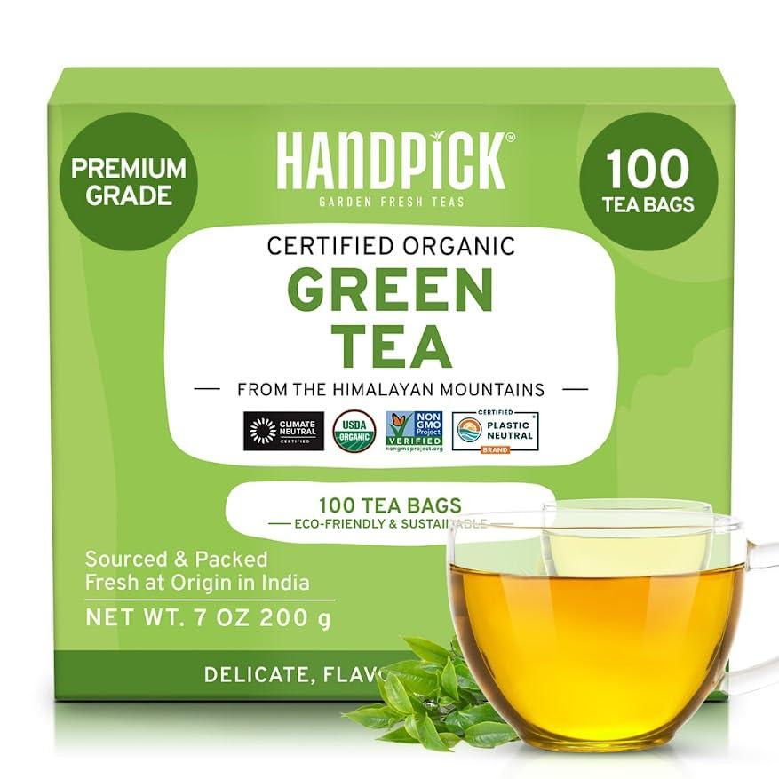 HANDPICK HANDPICK, Organic Green Tea Bags - 100 Eco-Friendly Tea Bags | USDA Organic | Resealable Pack for Freshness | Delicate & Flavory | Direct From India