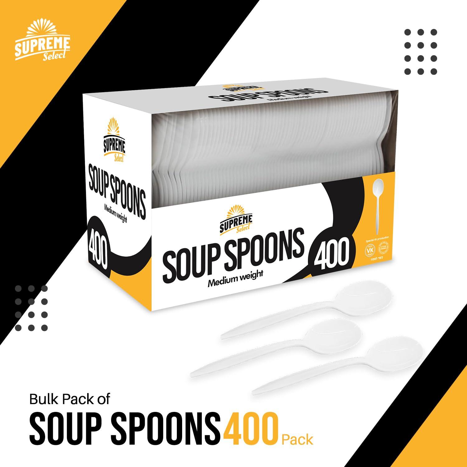 Supreme Select Supreme Select Disposable White Soup Spoon [400-Pack] Medium-Weight Disposable Plastic Cutlery - Durable and Reusable Bulk Utensils for Parties, Picnics, Takeout, Restaurant, School, Home & Office