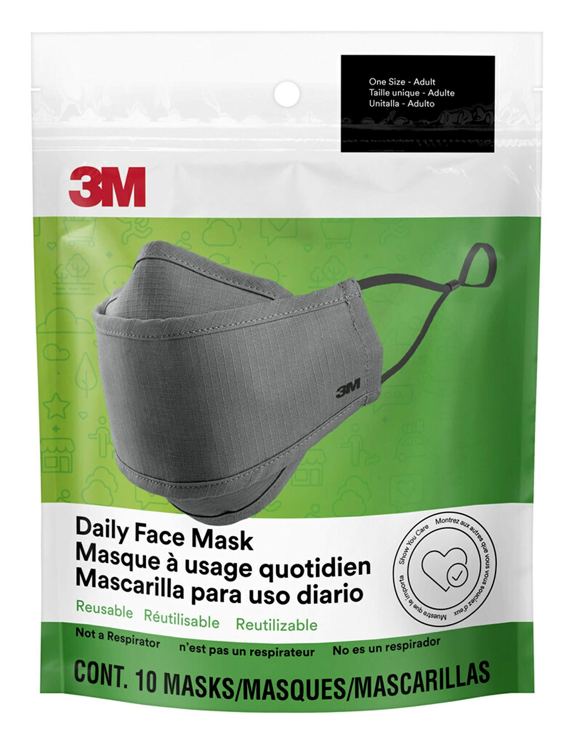 3M 3M Daily Face Mask, Reusable, Washable, Adjustable Ear Loops, Lightweight Cotton Fabric, 10 Pack, Gray