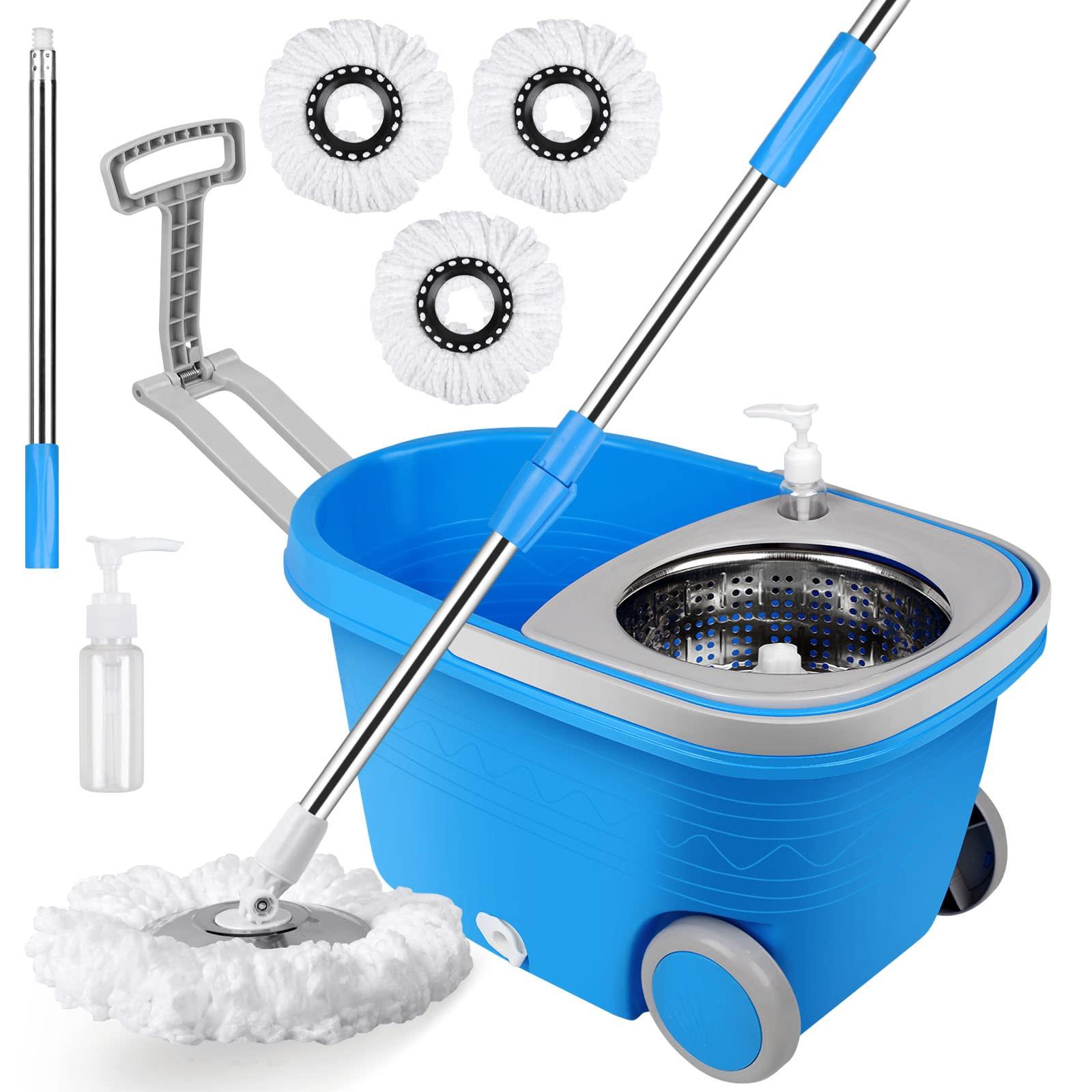 CooFel Spin Mop and Bucket with Wringer Set on Wheels, 360 Spinning Mop Bucket System with 3 Microfiber Mop Replacement Heads and 61\" Stainless Steel Adjustable Handle for Floor Cleaning (25QT)