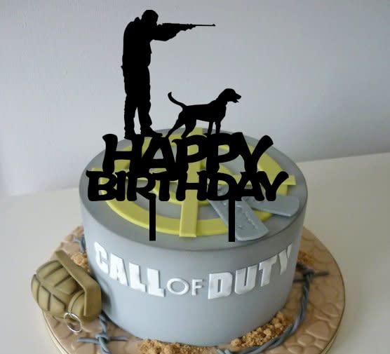 MUJUPOWL Funny Happy Birthday Cake Topper - Hunter With Gun With His Hunting Dog - Birthday Cake Topper for Boy's Men' (Hunter)