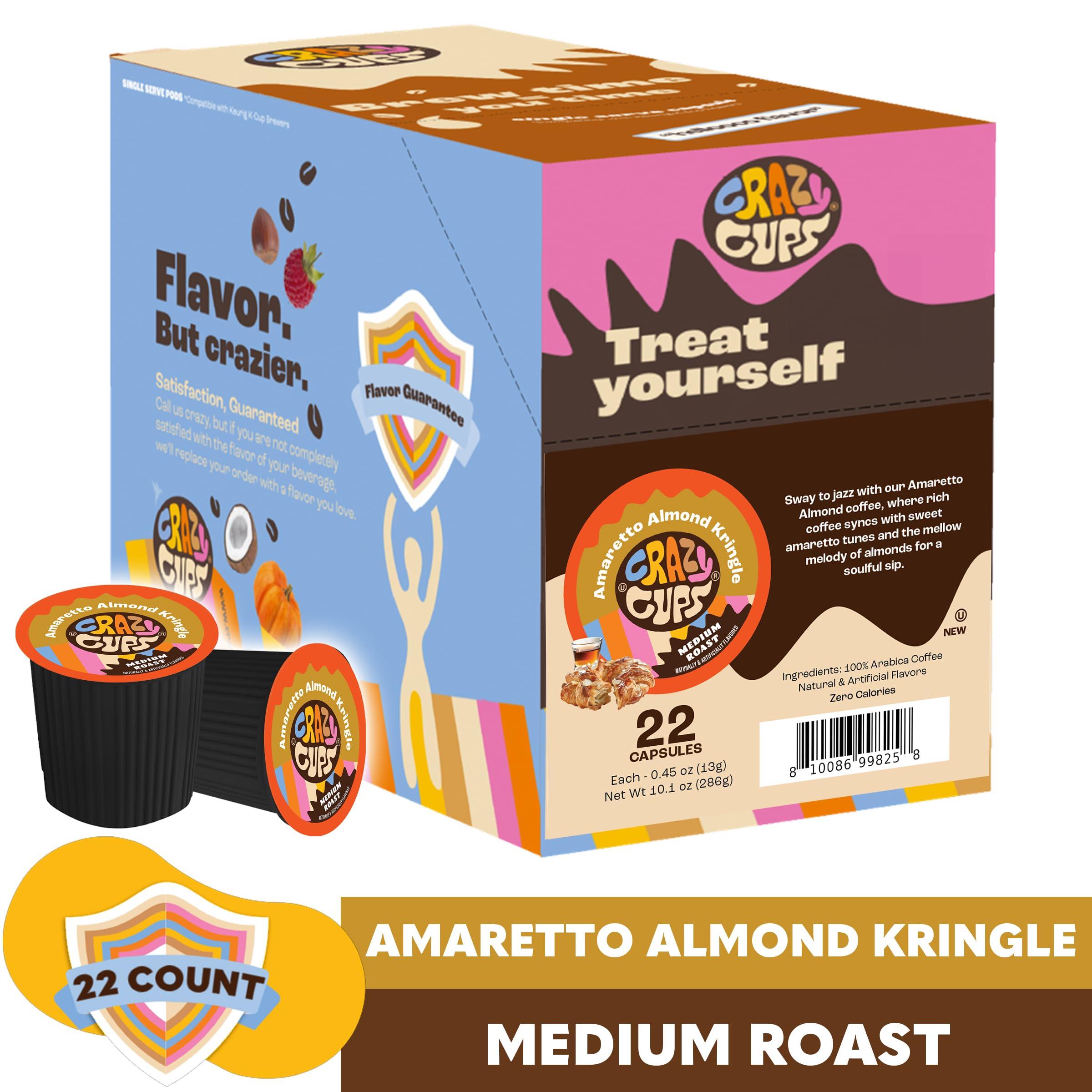 Crazy Cups Crazy Cup Amaretto Coffee Pods, Amaretto Almond Kringle for K Cup Keurig Machines, Brew Hot or Iced, 22 Count