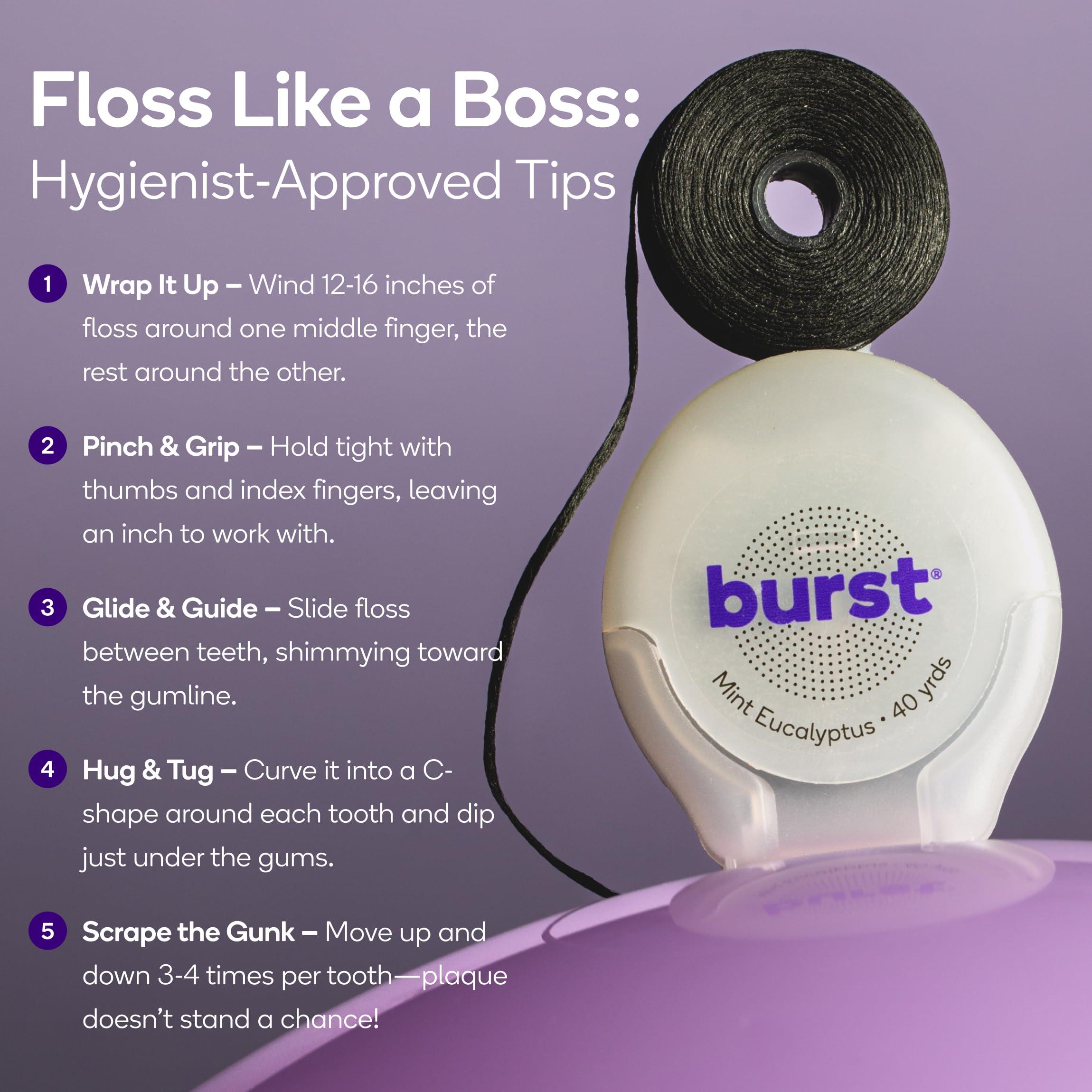 Burst BURST Expanding Dental Floss (Mint Eucalyptus/160 Yards) | Stain Absorbing & Woven with Xylitol Coating to Fight Cavities | Vegan | Paraben Free