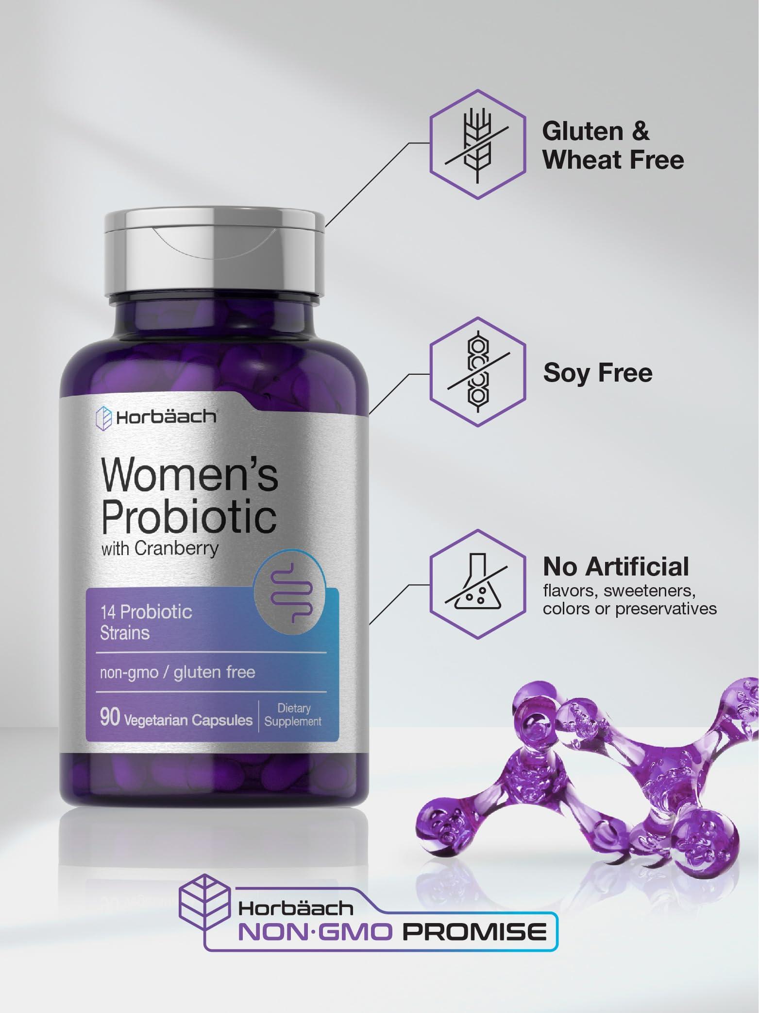 Horbach Horbaach Probiotic for Women with Cranberry | 90 Capsules | 14 Probiotic Strains | Non-GMO, Gluten Free Supplement