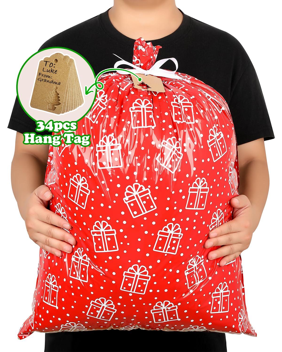 YALTOON Christmas Gift Bags Assorted Sizes, 34PCS Christmas Bags For Gifts, Small/Medium/Large/Extra Large Christmas Gift Bags with Ribbon Ties, Holiday Xmas Santa Plastic Reusable Wrapping Gift Bag Bulk