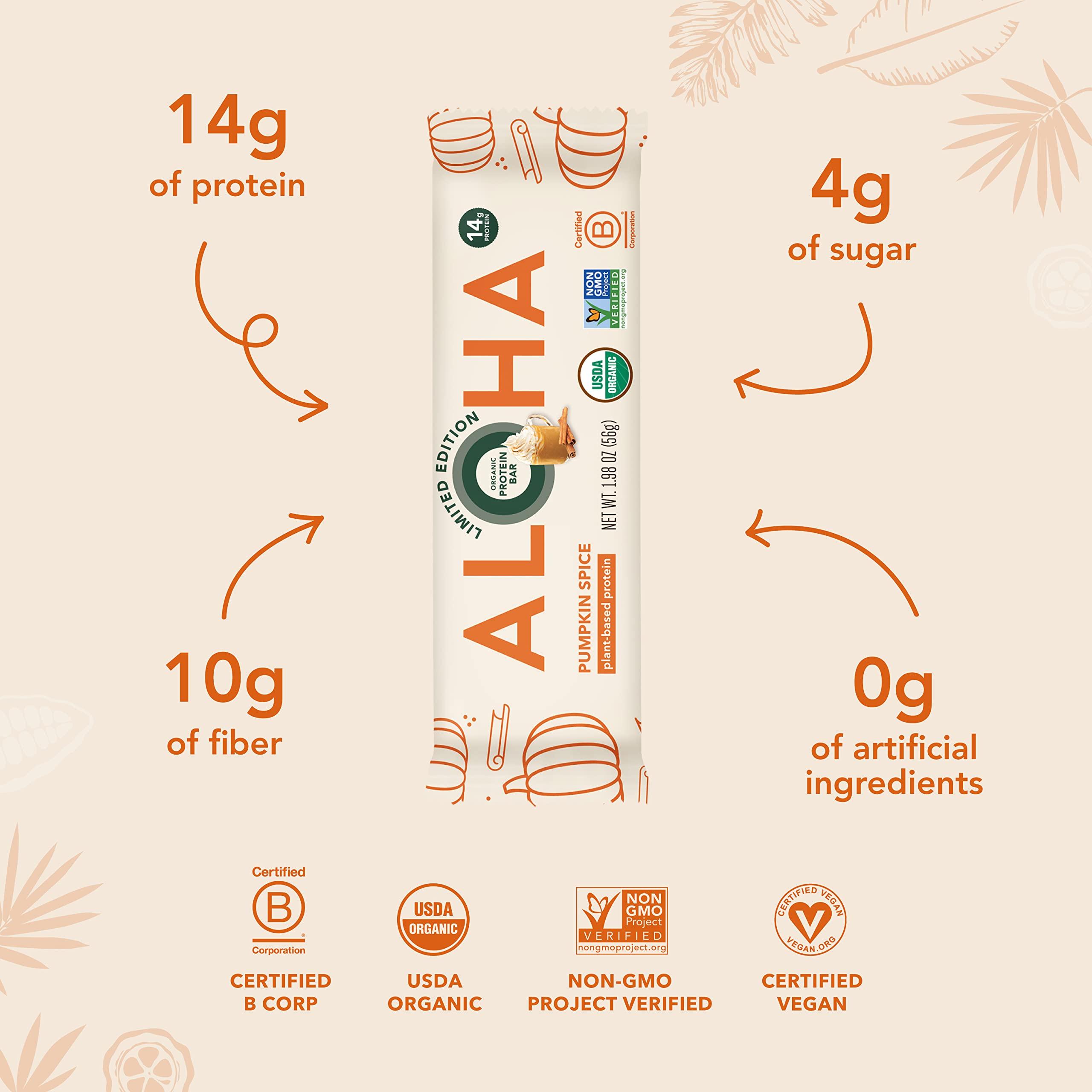 ALOHA ALOHA Organic Plant Based Protein Bars - Pumpkin Spice, Vegan, Low Sugar, Gluten-Free, Low Carb, Non-GMO, No Stevia, No Erythritol - LIMITED EDITION, 12 Count (Pack of 1)