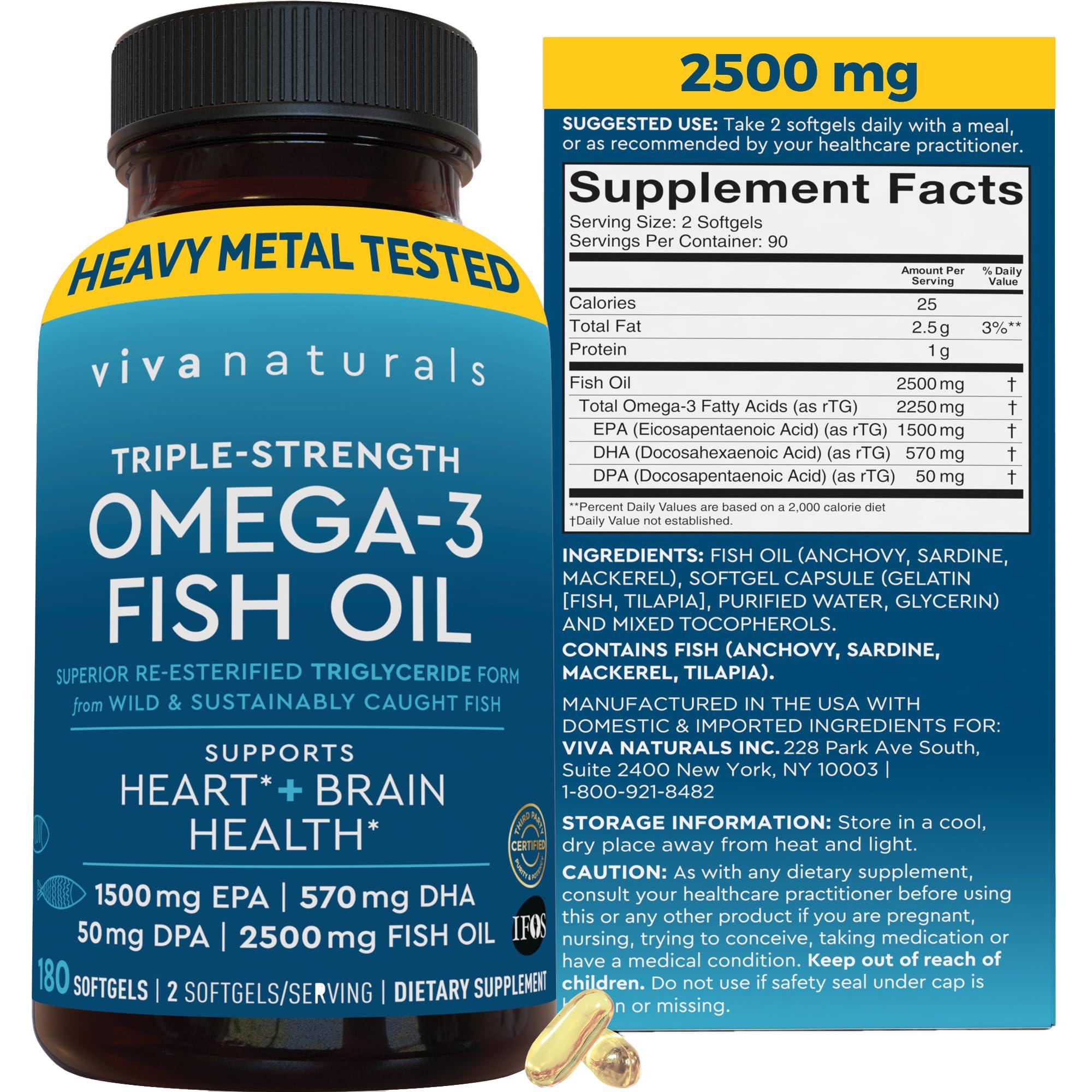 Viva Naturals Triple Strength Omega 3 Fish Oil Supplement for Men and Women 2500 mg High-Potency, Easy-to-Absorb Re-esterified Triglyceride Form, Pescatarian-Friendly DPA EPA DHA Omega 3 Supplement, 180 Softgels