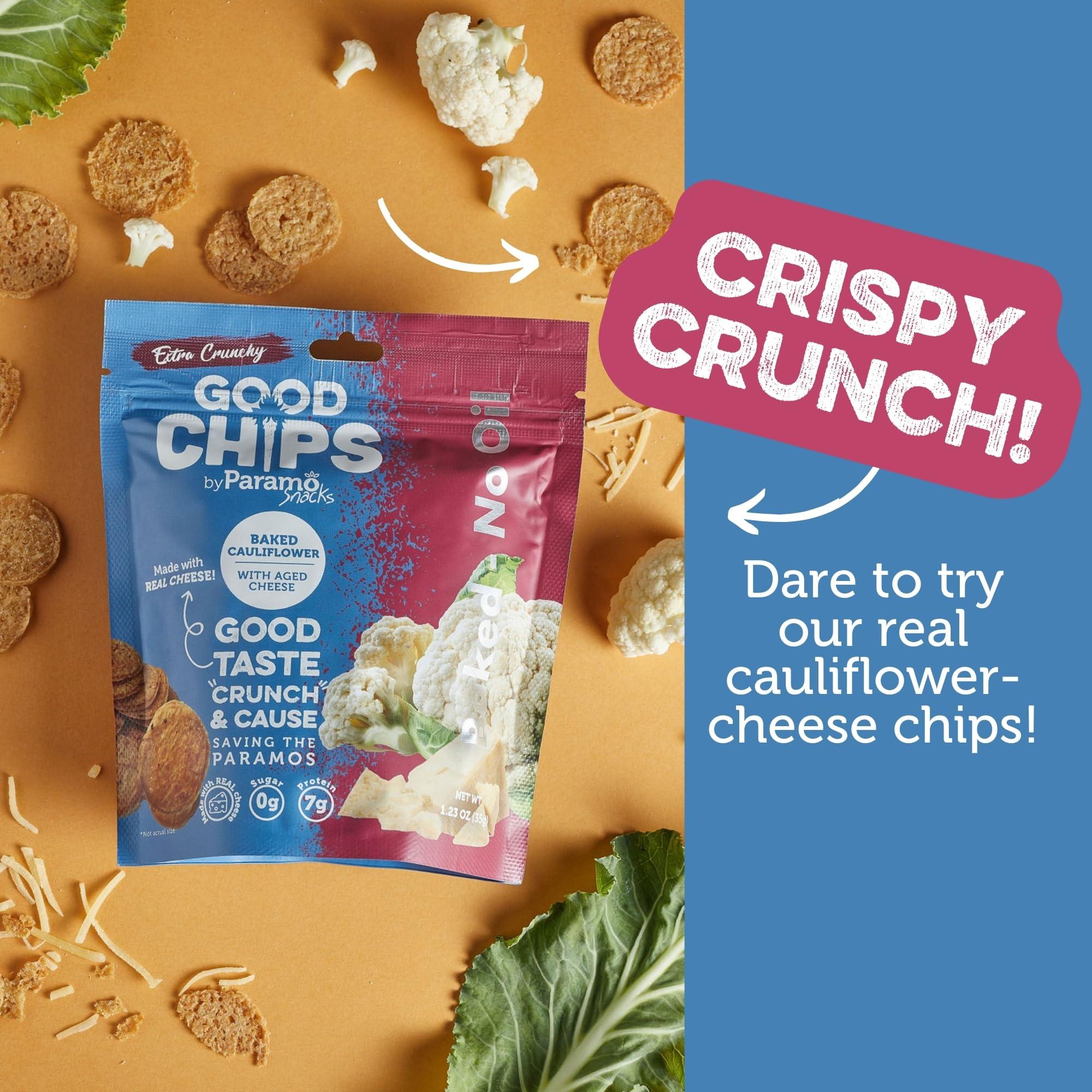Good Chips by Paramo Snacks Good Chips Cauliflower Aged Cheese, Baked, No Oil, High Protein, Guilt Free Healthy Snacks, 1.23 oz. Pack of 12