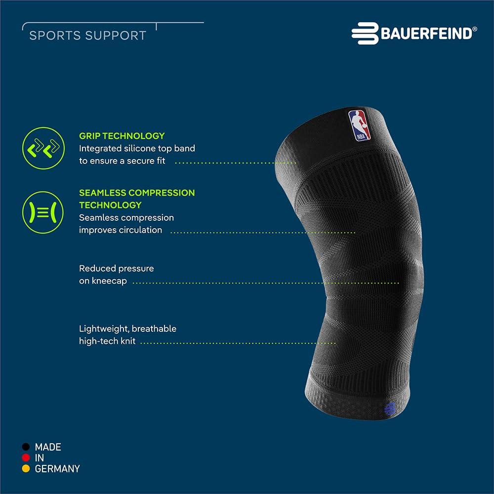 Bauerfeind Bauerfeind Sports Compression Knee Support NBA - Lightweight Design with Gripping Zones for Basketball Knee Pain Relief & Performance with Team Designs (Black, S)