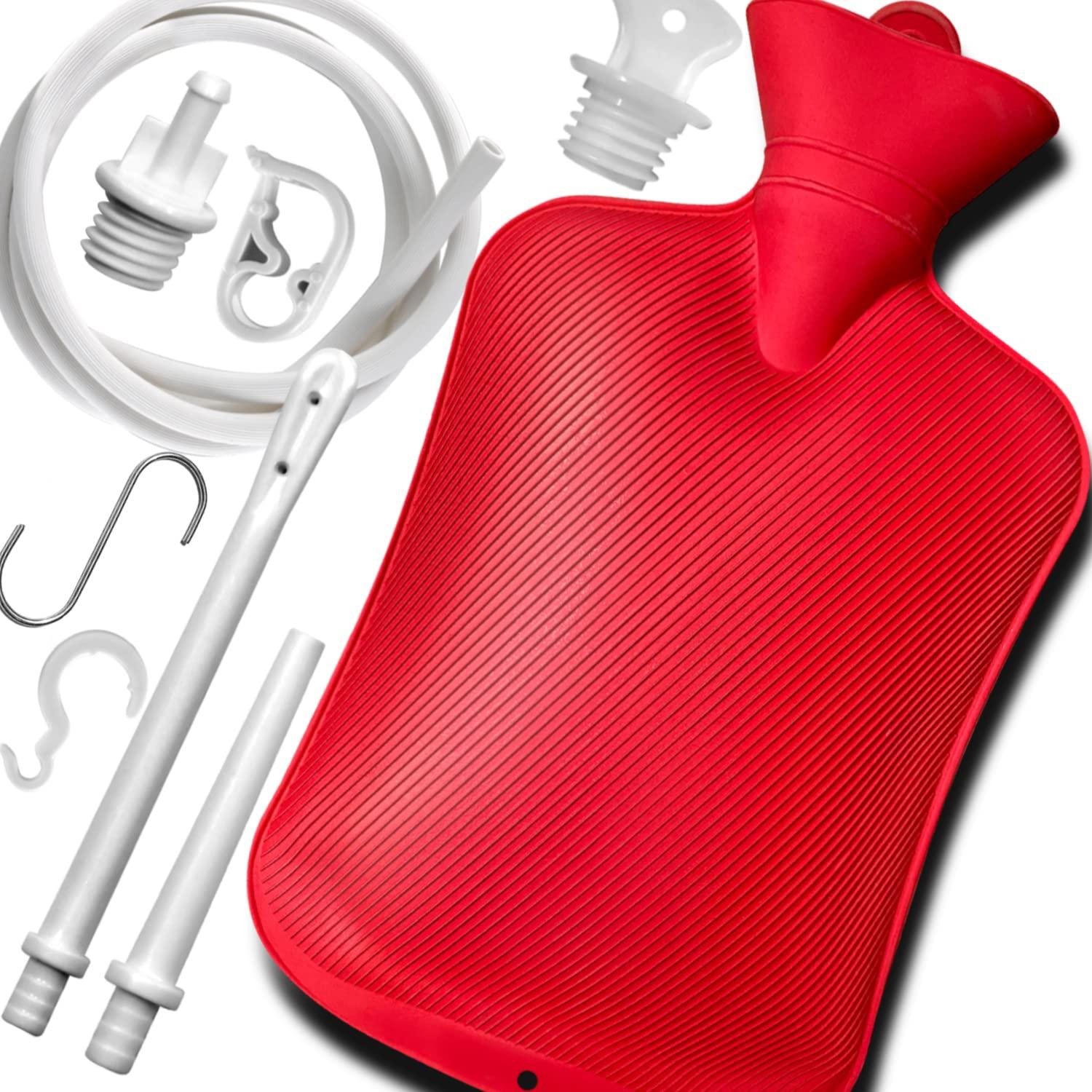 Guatbsecure 2 L Home Enema Bag Kit with 2 Enema Tips,60 inch Long Silicone Hose, Controlable Water Flow Valve, Hot-Water Bottle for Colon Cleansing EnemasRed