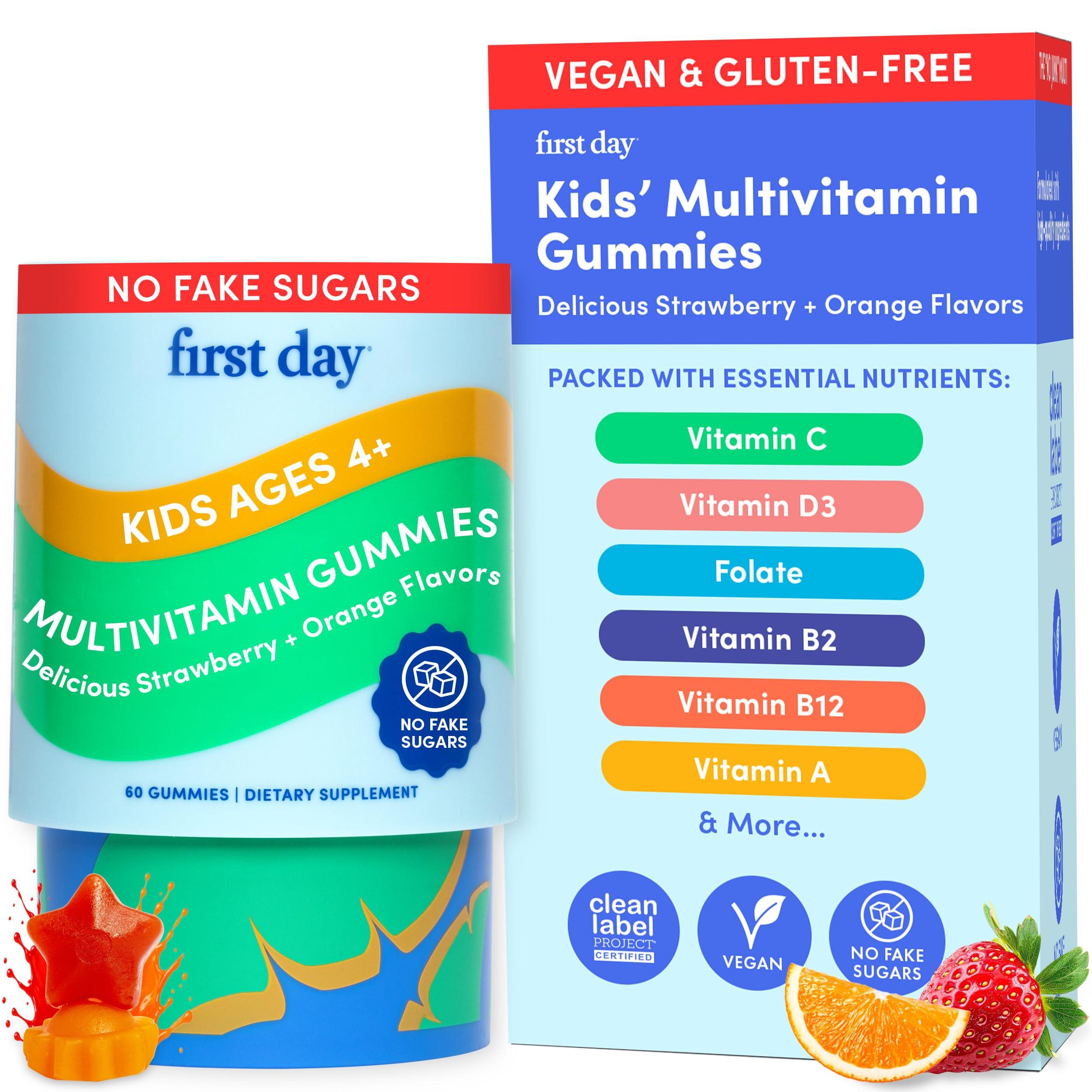 FIRST DAY FIRST DAY Kids Essential Multivitamin Gummies, Vitamin A, D3, B6, B12, C, K2 & More + Organic Fruits & Veggies for Growth, Brain, Immunity. Natural Strawberry & Orange Flavor, Low Sugar. 30-Day Supply